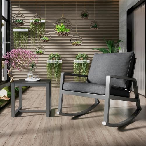 AUJDKDH 3-teiliges Schaukelstuhl-Set, 2 Stühle + Glas-Couchtisch, mit Kissen