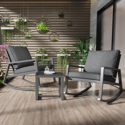 AUJDKDH 3-teiliges Schaukelstuhl-Set, 2 Stühle + Glas-Couchtisch, mit Kissen