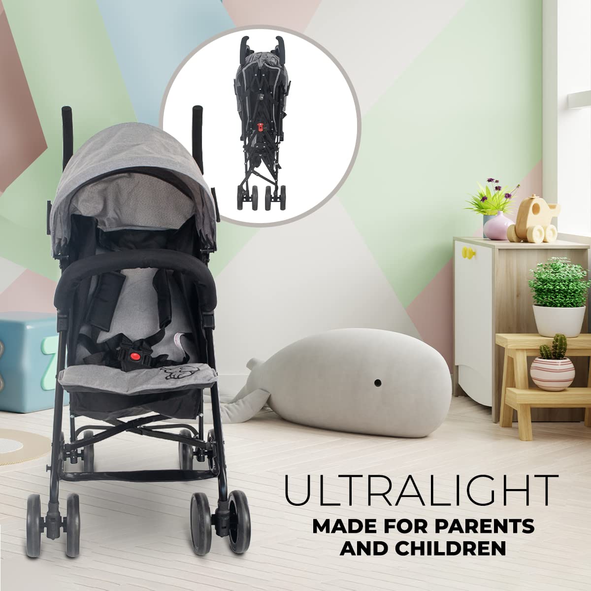 Mobiclinic®, Kinderwagen, Buggy, Elefant, Verstellbare rückenlehne, Doppeltes sicherheitssystem, Abnehmbare räder, Verstellbarer 5-punkt-gurt, Leichter, Grau und schwarz