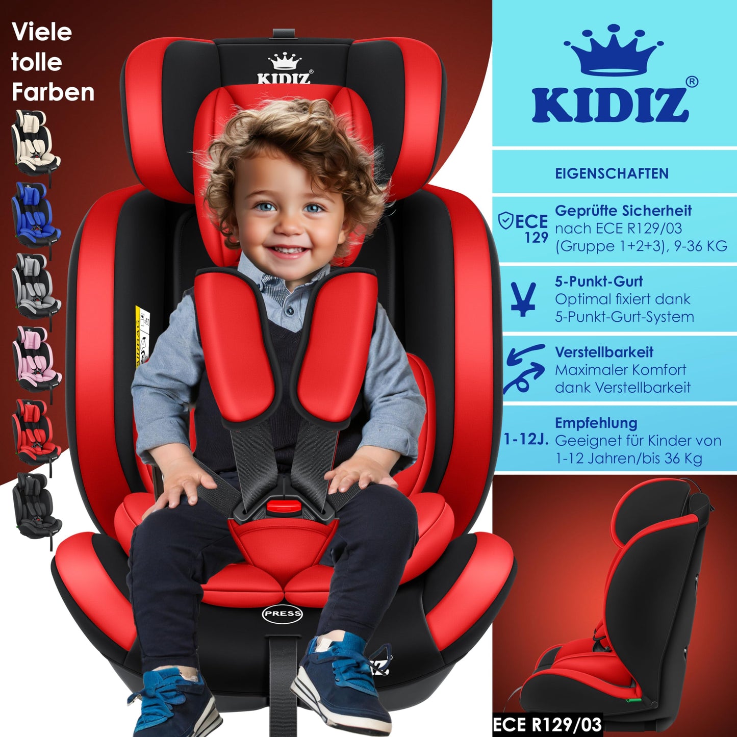 KIDIZยฎ Autokindersitz Kinderautositz Gruppe 1+2+3 9-36 kg 5-Punkt-Sicherheitsgurt, Autositz, Kindersitz, Einstellbare Kopfstรผtze, Mitwachsende Sitzerhรถhung 1-12 Jahre, Stabil und Sicher