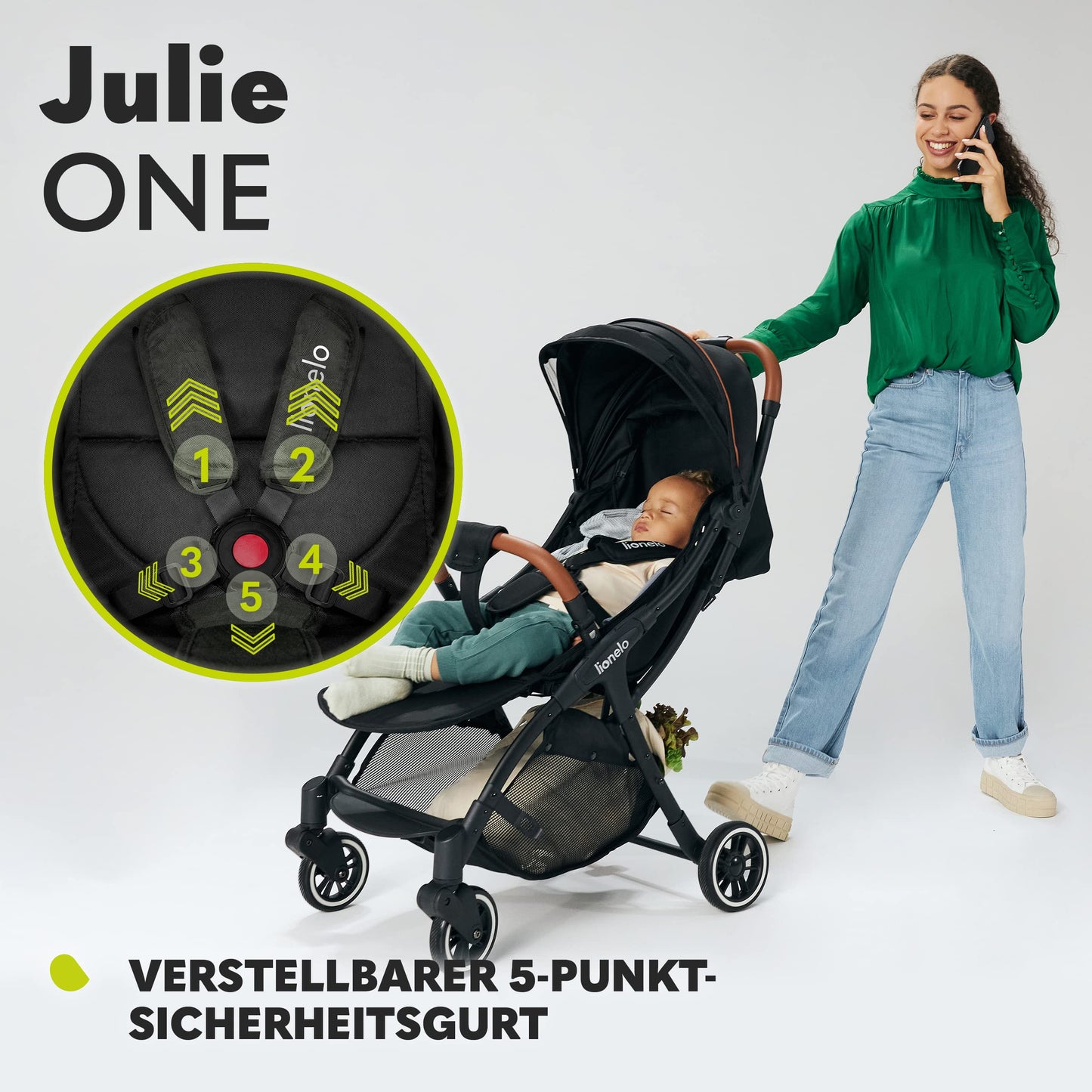 LIONELO Julie One Buggy Kinderwagen bis 22 kg, verstellbare Rückenlehne und Fußstütze, Moskitonetz, Beinwärmer, Getränkehalter und Transporttasche, zusammenklappbar TROPICAL GREEN