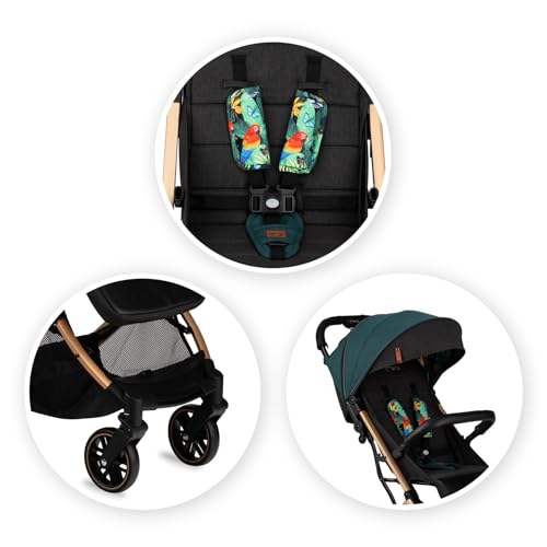 MoMi ESTELLE Kinderwagen ab 6. Monat (bis 15 kg), klappbarer Buggy mit 5-Punkt-Sicherheitsgurt, Einkaufskorb und Liegefunktion, Teleskop-Stange zum Ziehen, steht nach dem Zusammenklappen