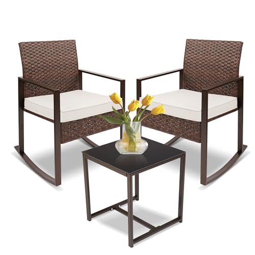 YIYAN 3-teiliges Schaukel-Bistro-Set, PE-Geflecht, Weiß, mit Kissen.
