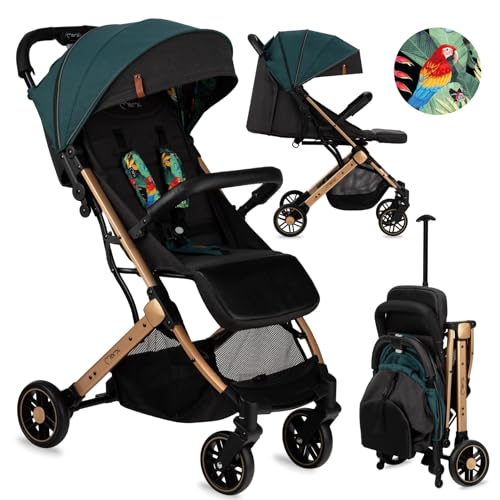 MoMi ESTELLE Kinderwagen ab 6. Monat (bis 15 kg), klappbarer Buggy mit 5-Punkt-Sicherheitsgurt, Einkaufskorb und Liegefunktion, Teleskop-Stange zum Ziehen, steht nach dem Zusammenklappen