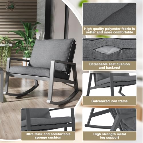 AUJDKDH 3-teiliges Schaukelstuhl-Set, 2 Stühle + Glas-Couchtisch, mit Kissen