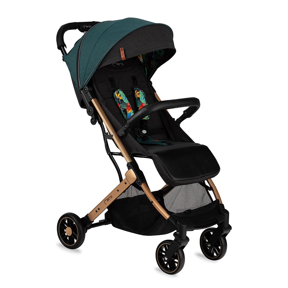 MoMi ESTELLE Kinderwagen ab 6. Monat (bis 15 kg), klappbarer Buggy mit 5-Punkt-Sicherheitsgurt, Einkaufskorb und Liegefunktion, Teleskop-Stange zum Ziehen, steht nach dem Zusammenklappen