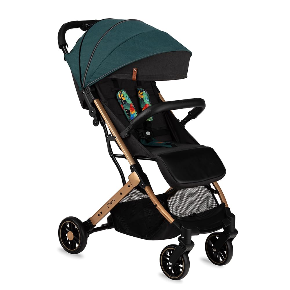 MoMi ESTELLE Kinderwagen ab 6. Monat (bis 15 kg), klappbarer Buggy mit 5-Punkt-Sicherheitsgurt, Einkaufskorb und Liegefunktion, Teleskop-Stange zum Ziehen, steht nach dem Zusammenklappen