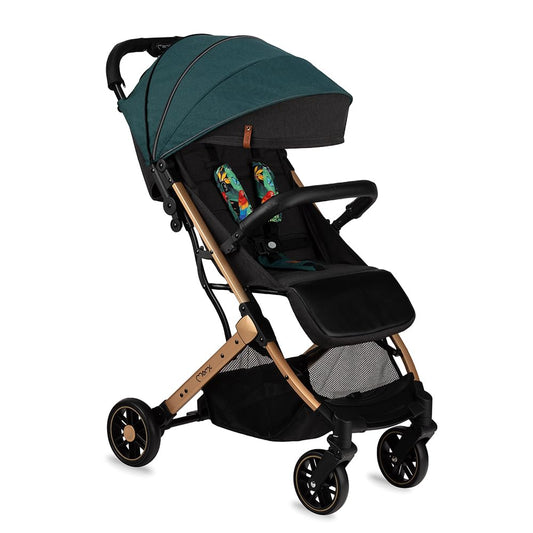 MoMi ESTELLE Kinderwagen ab 6. Monat (bis 15 kg), klappbarer Buggy mit 5-Punkt-Sicherheitsgurt, Einkaufskorb und Liegefunktion, Teleskop-Stange zum Ziehen, steht nach dem Zusammenklappen