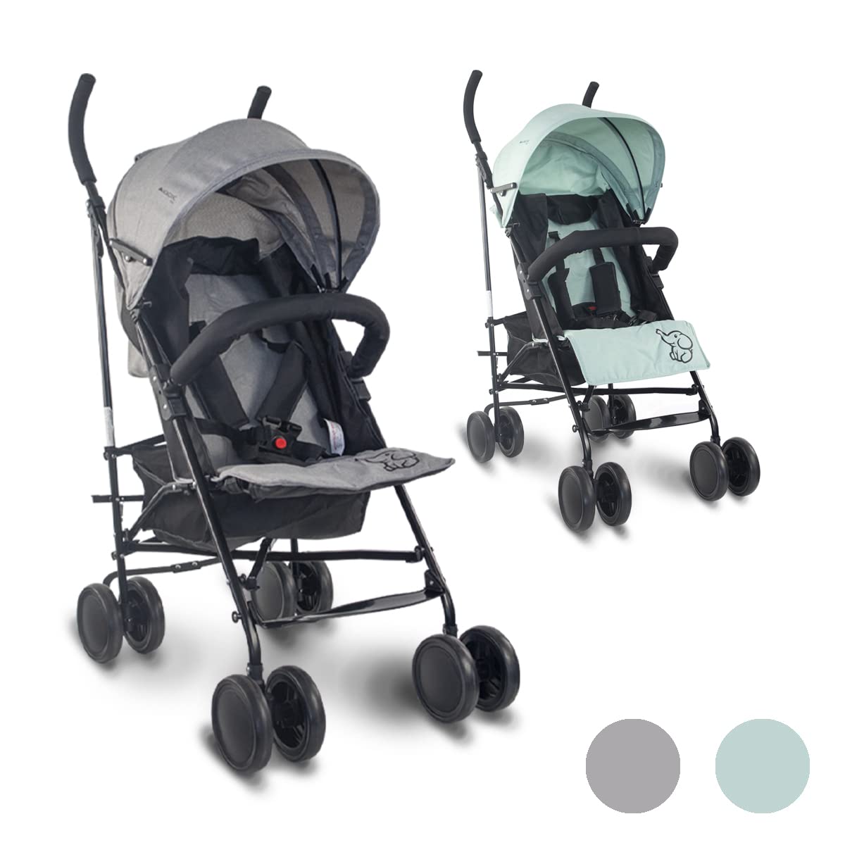 Mobiclinic®, Kinderwagen, Buggy, Elefant, Verstellbare rückenlehne, Doppeltes sicherheitssystem, Abnehmbare räder, Verstellbarer 5-punkt-gurt, Leichter, Grau und schwarz