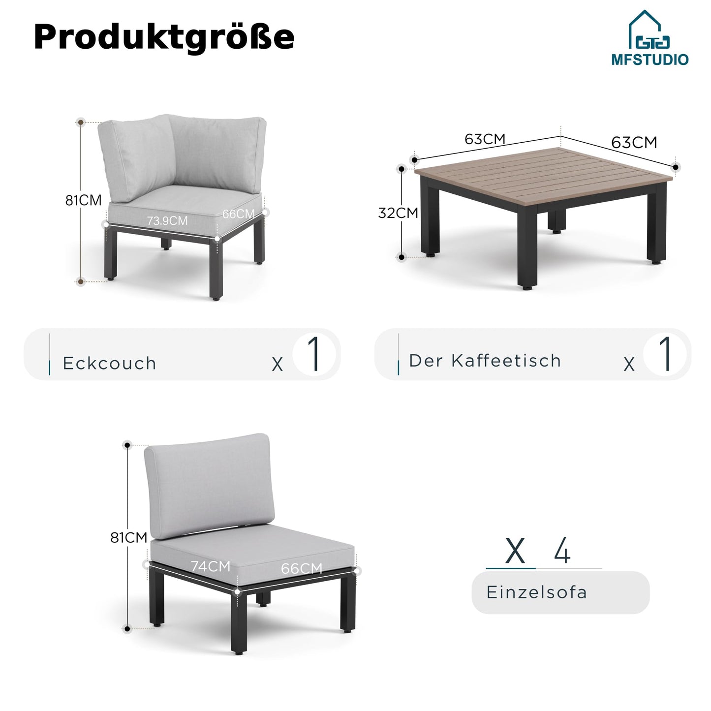 MFSTUDIO Gartenmöbel Set, Lounge mit Couchtisch und abnehmbarem Kissen.
