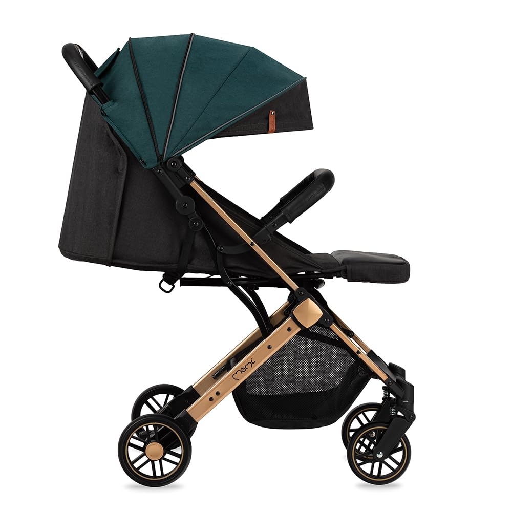 MoMi ESTELLE Kinderwagen ab 6. Monat (bis 15 kg), klappbarer Buggy mit 5-Punkt-Sicherheitsgurt, Einkaufskorb und Liegefunktion, Teleskop-Stange zum Ziehen, steht nach dem Zusammenklappen