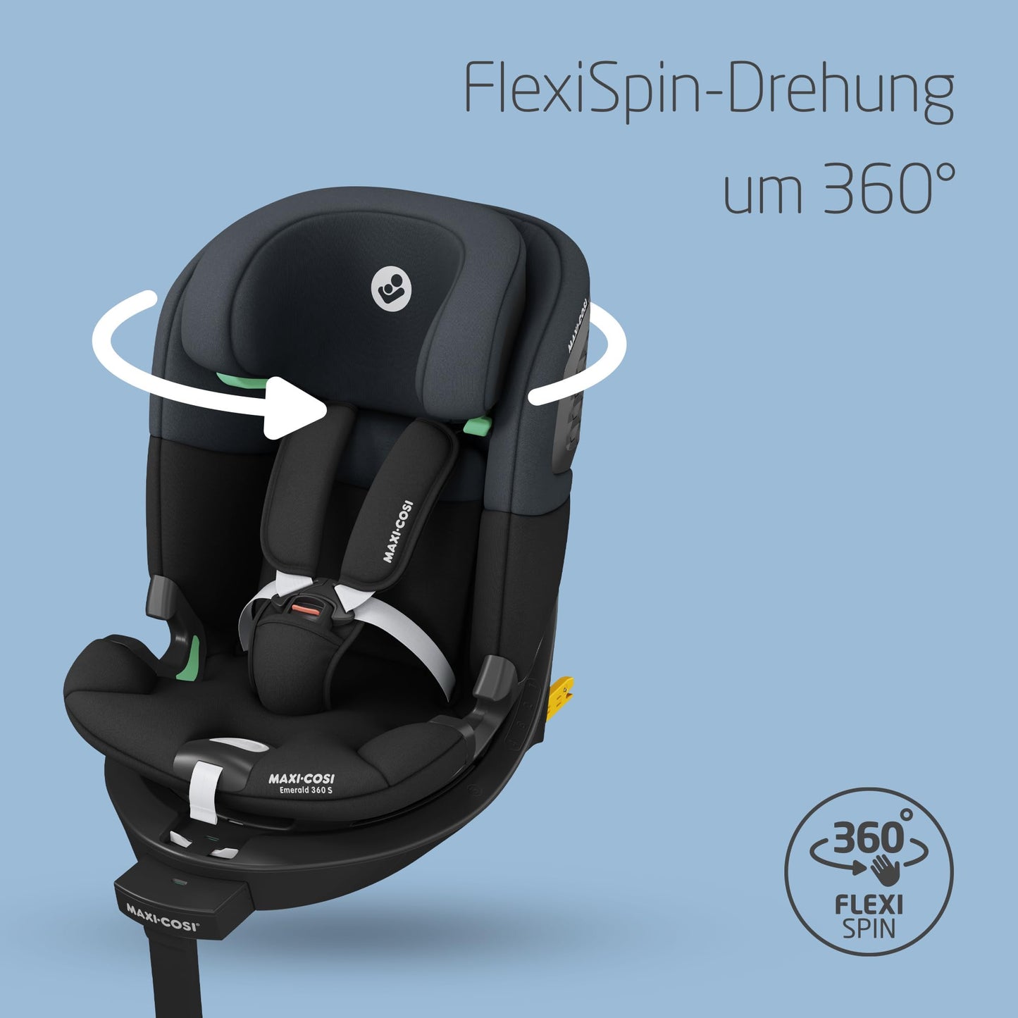 Maxi-Cosi Emerald 360 S i-Size, Autositz 360 Grad drehbar, 0–12 Jahre (40–150 cm), Auto Kindersitz, Baby Autositz, FlexiSpin-Drehung, 4 Liegepositionen, G-CELL Seitenaufprallschutz, Tonal Black