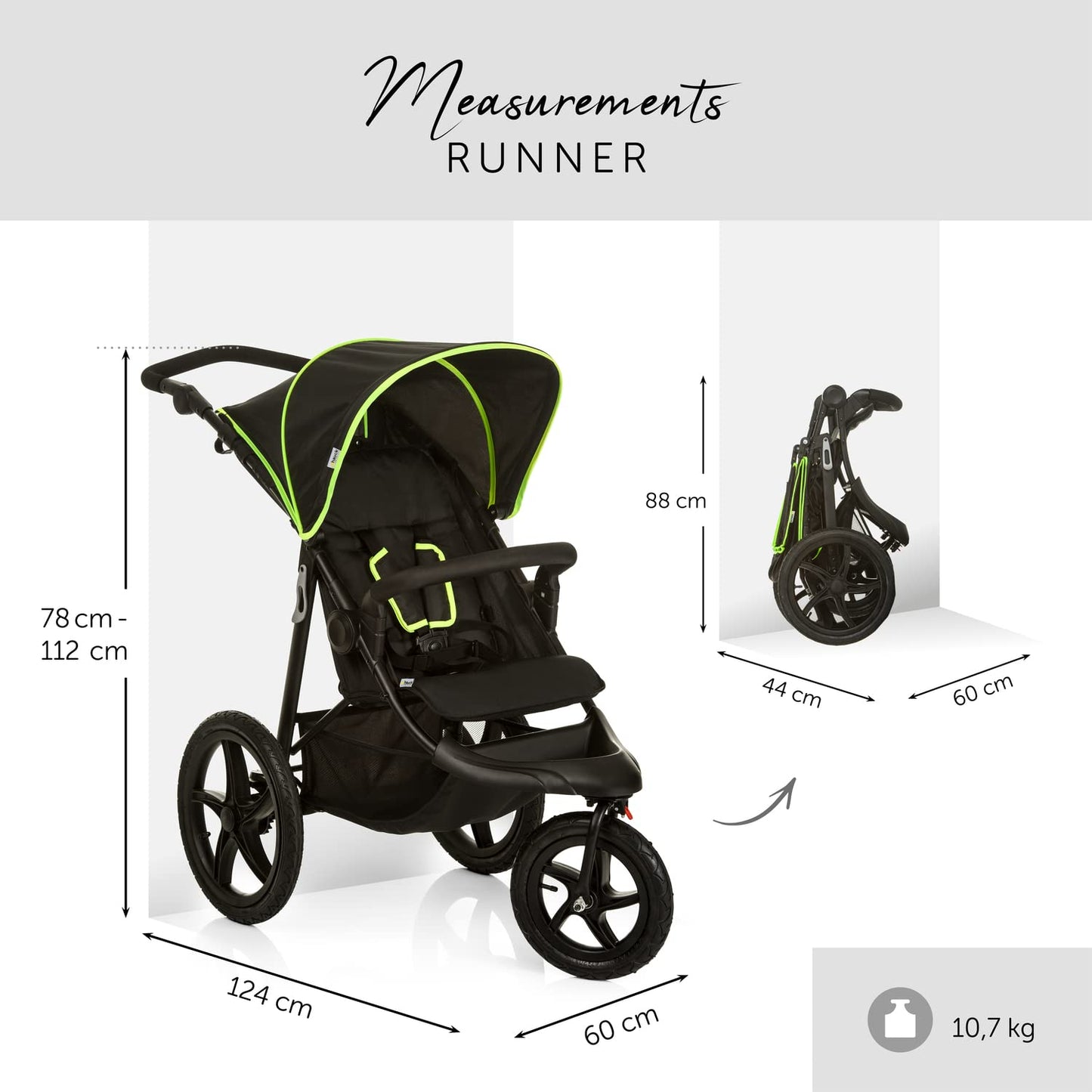 hauck Runner, Black / Neon Yellow - Robuster Dreirad Buggy mit XL Lufträdern, Federung, XL Netzfenster, Verstellbarer Schieber, mit Liegefunktion für Kinder ab Geburt bis 22 kg, Faltbar