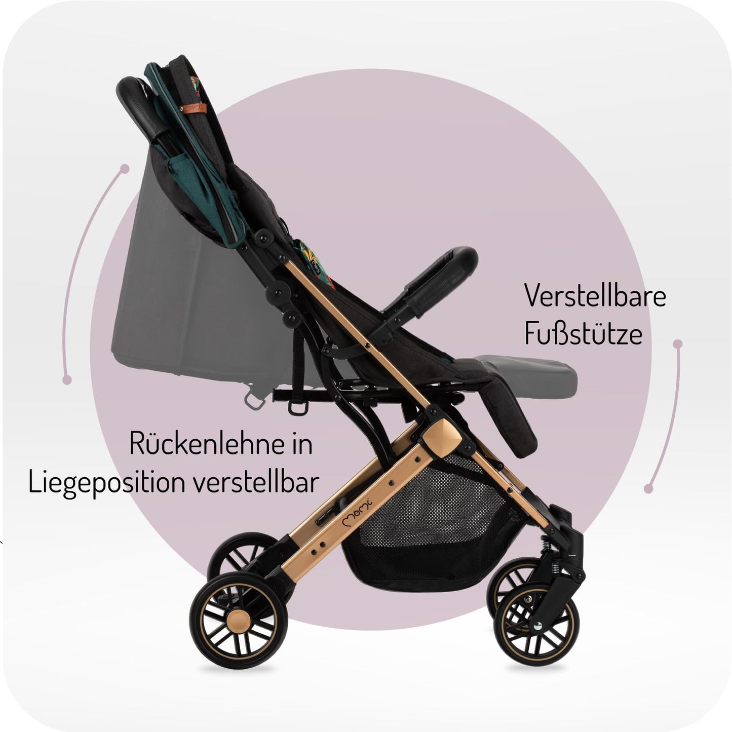 MoMi ESTELLE Kinderwagen ab 6. Monat (bis 15 kg), klappbarer Buggy mit 5-Punkt-Sicherheitsgurt, Einkaufskorb und Liegefunktion, Teleskop-Stange zum Ziehen, steht nach dem Zusammenklappen