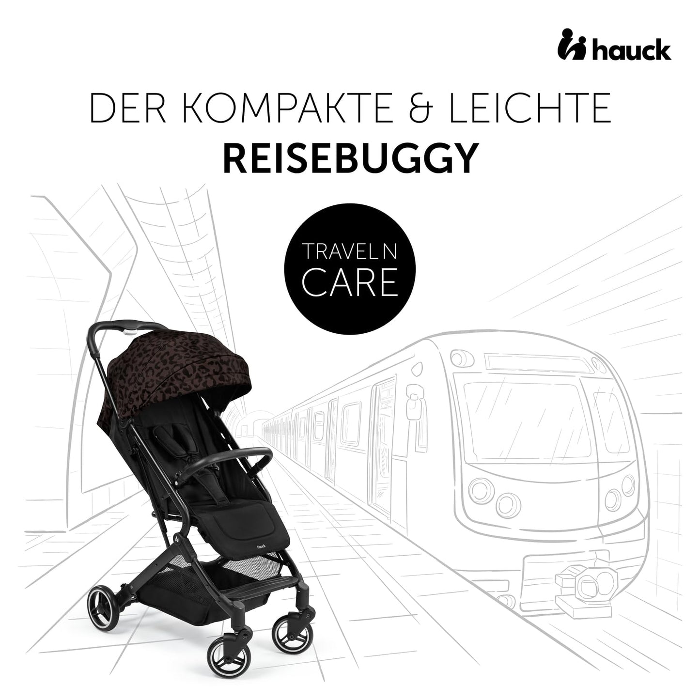 hauck Travel N Care, Leo Schwarz - Reise Buggy für Kinder ab Geburt bis 22 kg - mit Liegefunktion - Leicht 6,9 kg & Kompakt - Klein Zusammenklappbar - UPF 50+ - EVA Räder - Korb bis 3 kg