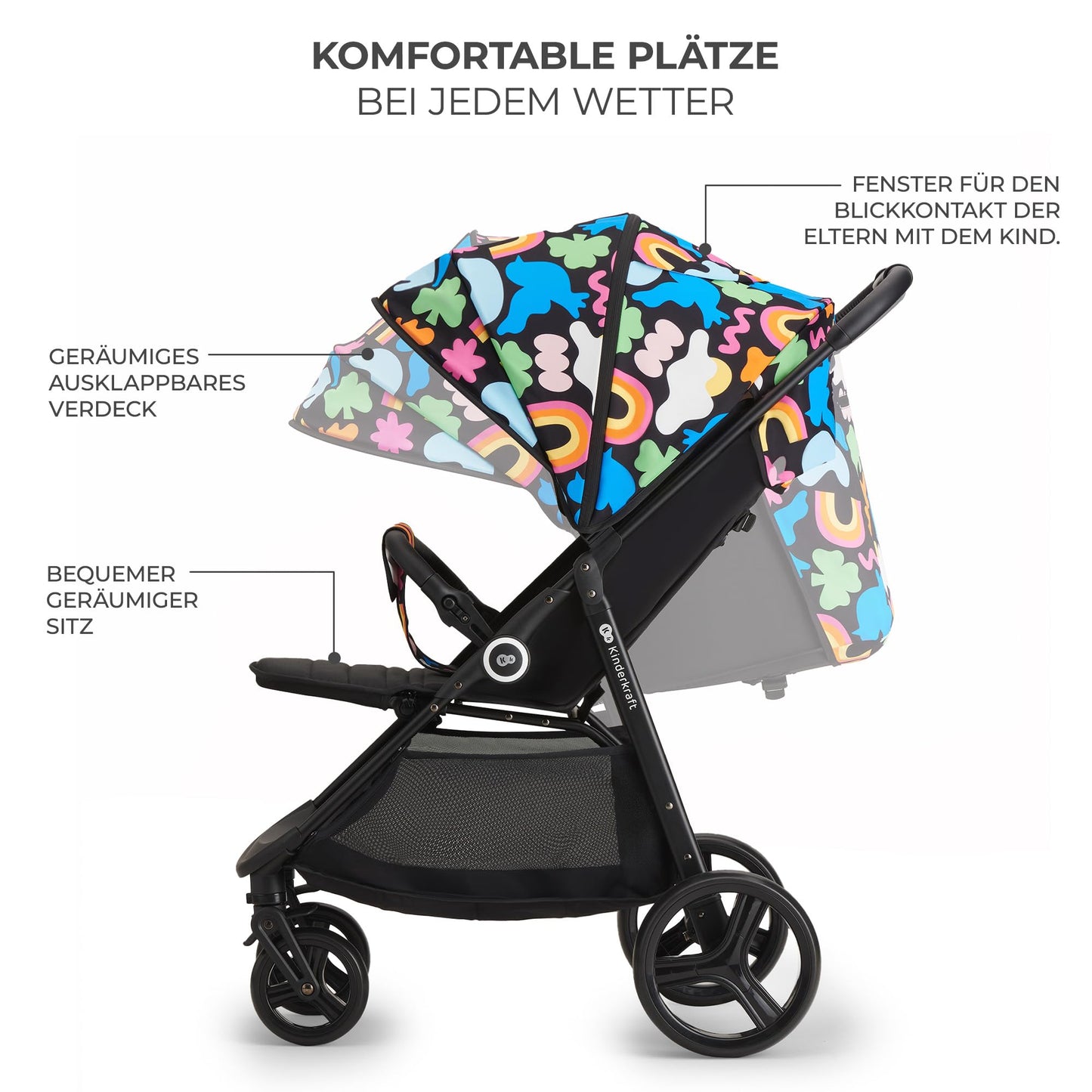 Kinderkraft GRANDE PLUS Kinderkraft buggy von Geburt bis 22 kg, Zusammenklappen mit einer Hand, Liegeposition, großes Verdeck mit Fenster, alle 4 Räder gedämpft, geräumige Sitz, Happy shapes