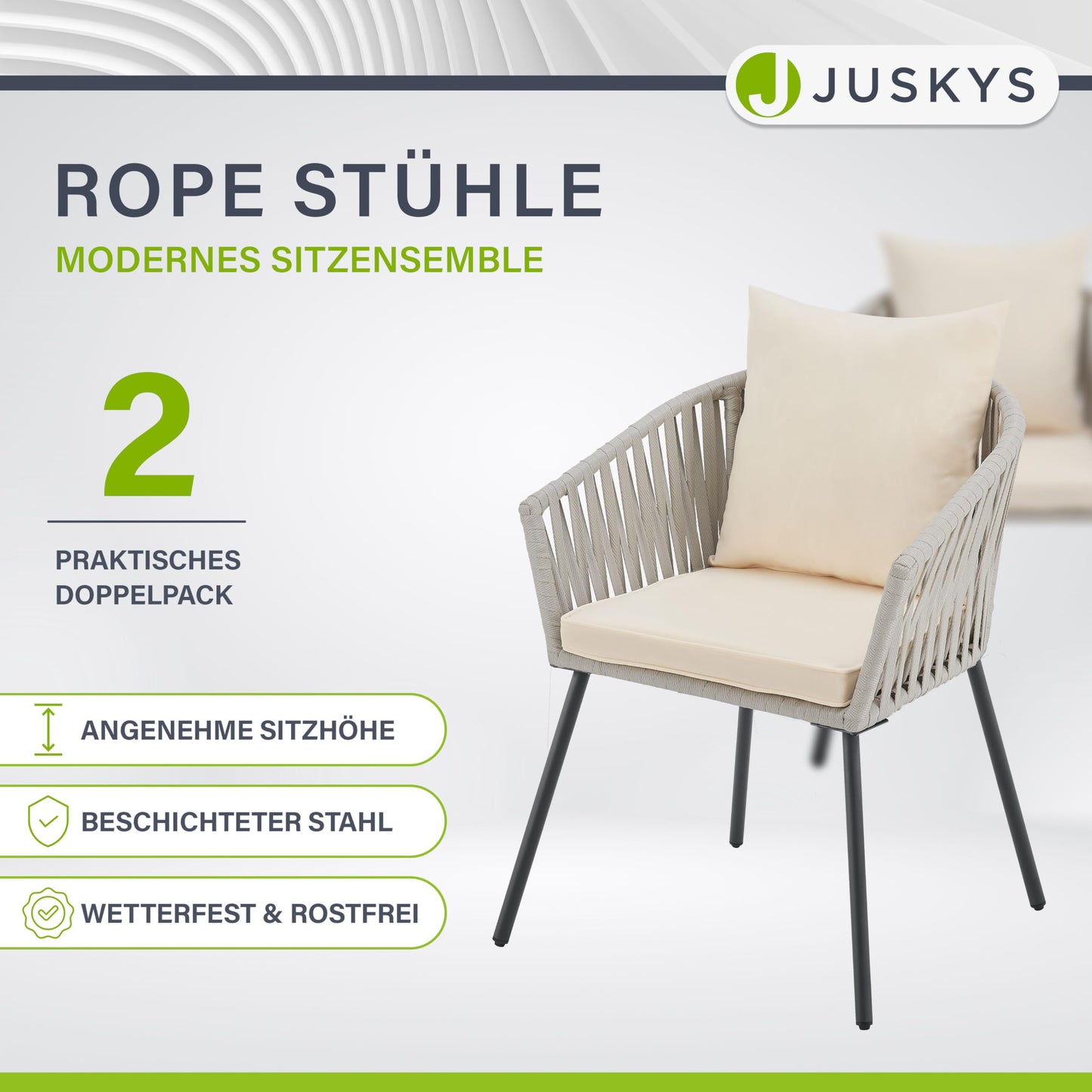 Juskys Rope Gartenstühle, 2er Set, wetterfest, bis 160 kg, Hellgrau.