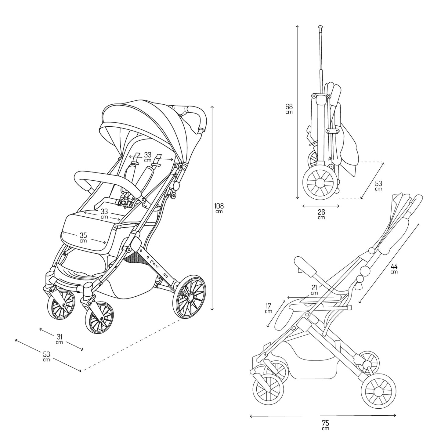 MoMi ESTELLE Kinderwagen ab 6. Monat (bis 15 kg), klappbarer Buggy mit 5-Punkt-Sicherheitsgurt, Einkaufskorb und Liegefunktion, Teleskop-Stange zum Ziehen, steht nach dem Zusammenklappen