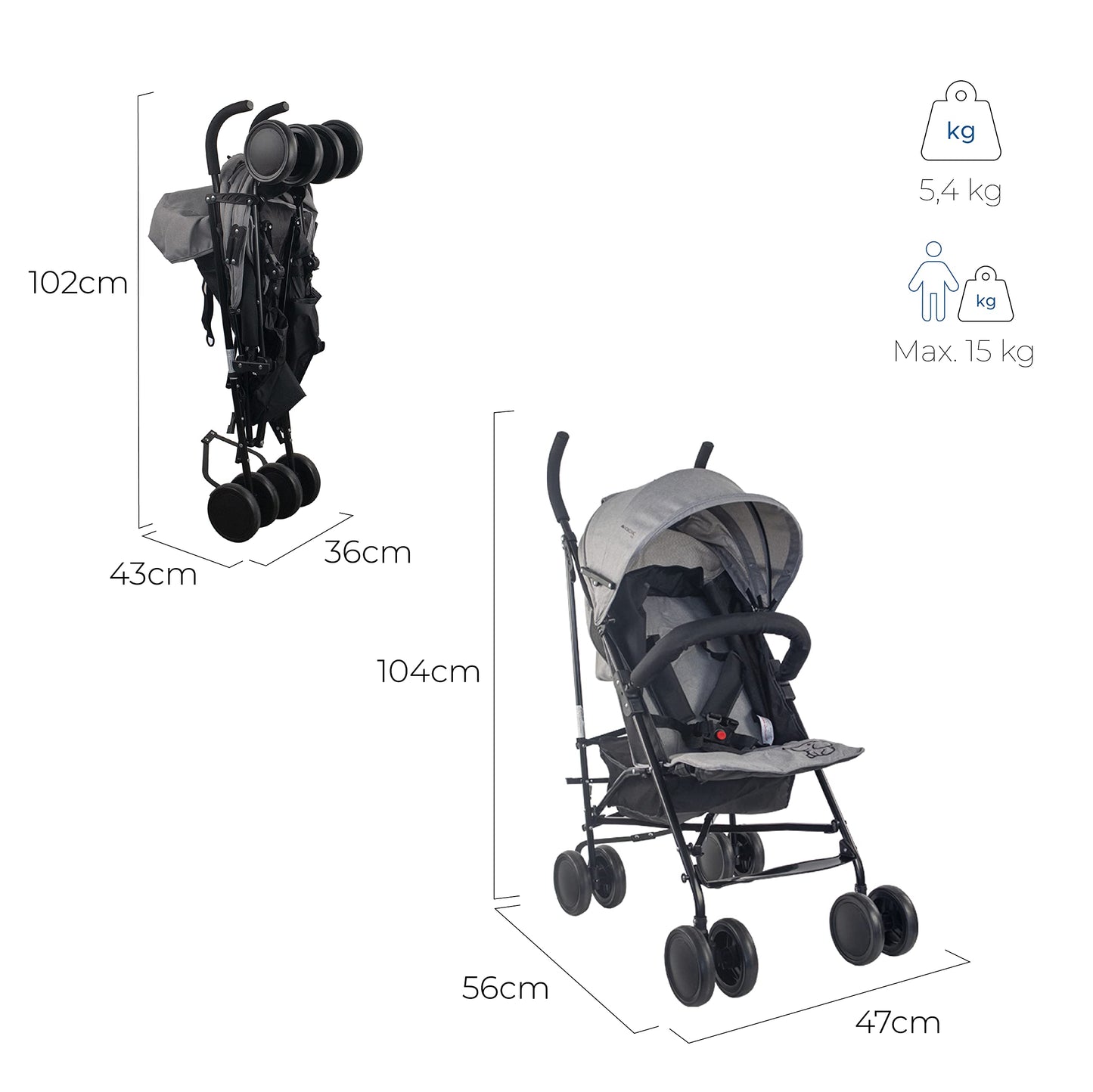 Mobiclinic®, Kinderwagen, Buggy, Elefant, Verstellbare rückenlehne, Doppeltes sicherheitssystem, Abnehmbare räder, Verstellbarer 5-punkt-gurt, Leichter, Grau und schwarz