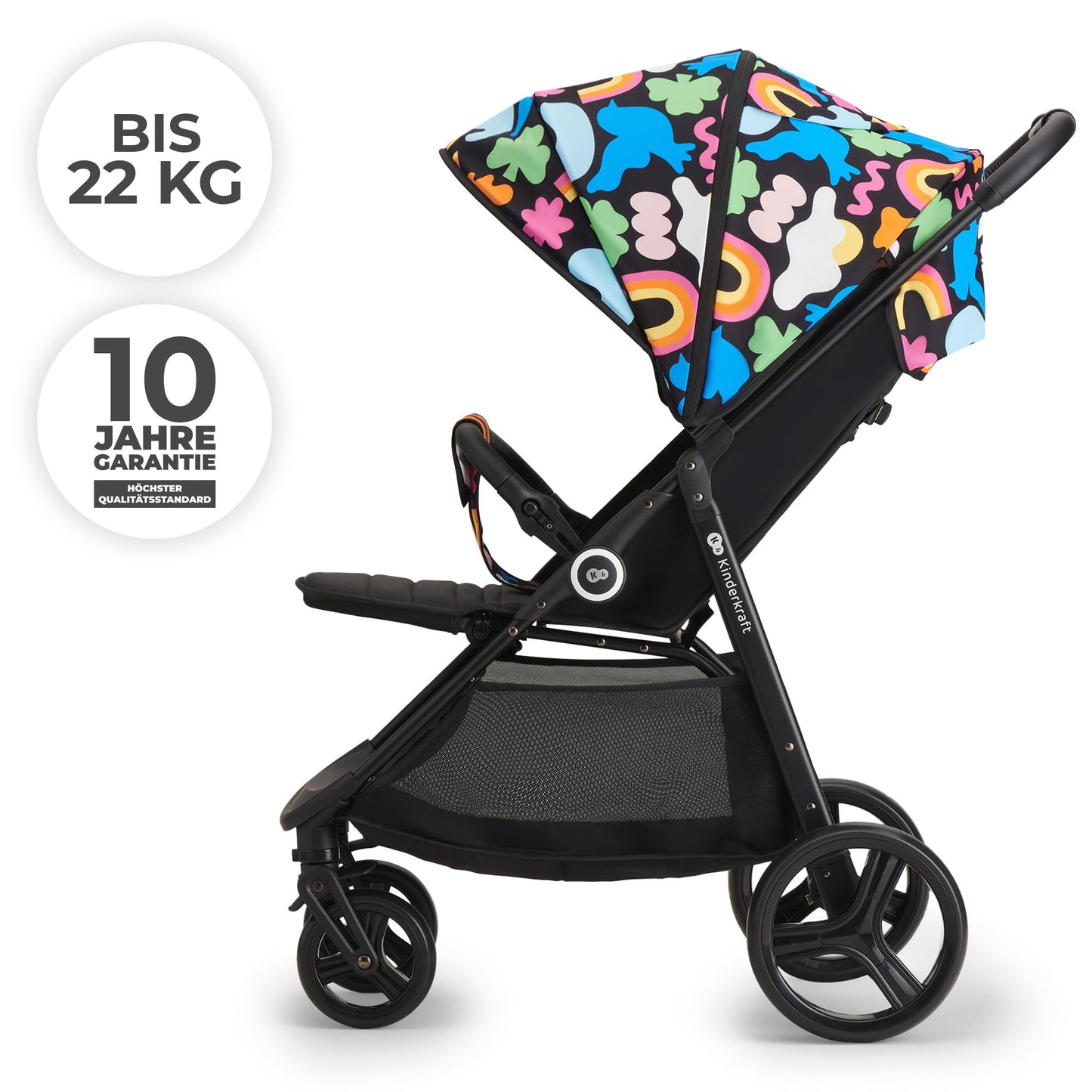 Kinderkraft GRANDE PLUS Kinderkraft buggy von Geburt bis 22 kg, Zusammenklappen mit einer Hand, Liegeposition, großes Verdeck mit Fenster, alle 4 Räder gedämpft, geräumige Sitz, Happy shapes