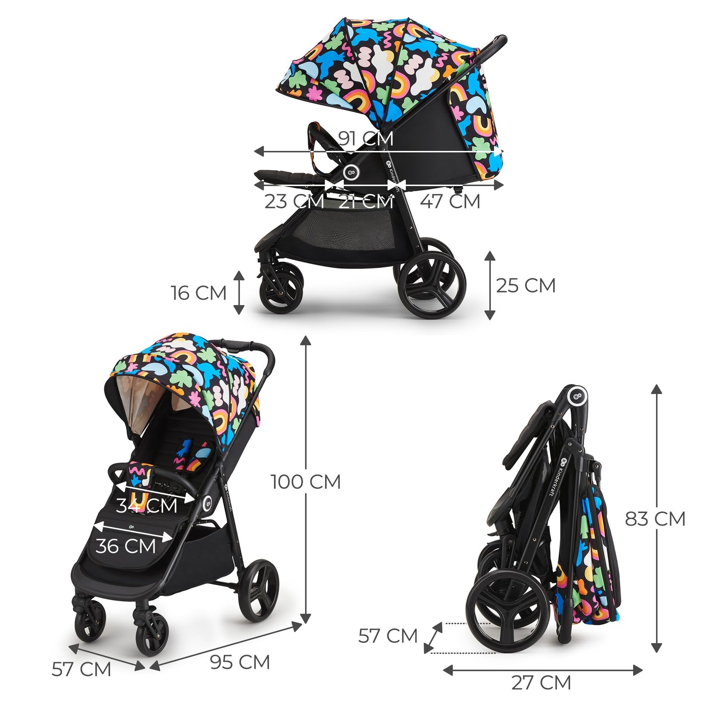 Kinderkraft GRANDE PLUS Kinderkraft buggy von Geburt bis 22 kg, Zusammenklappen mit einer Hand, Liegeposition, großes Verdeck mit Fenster, alle 4 Räder gedämpft, geräumige Sitz, Happy shapes