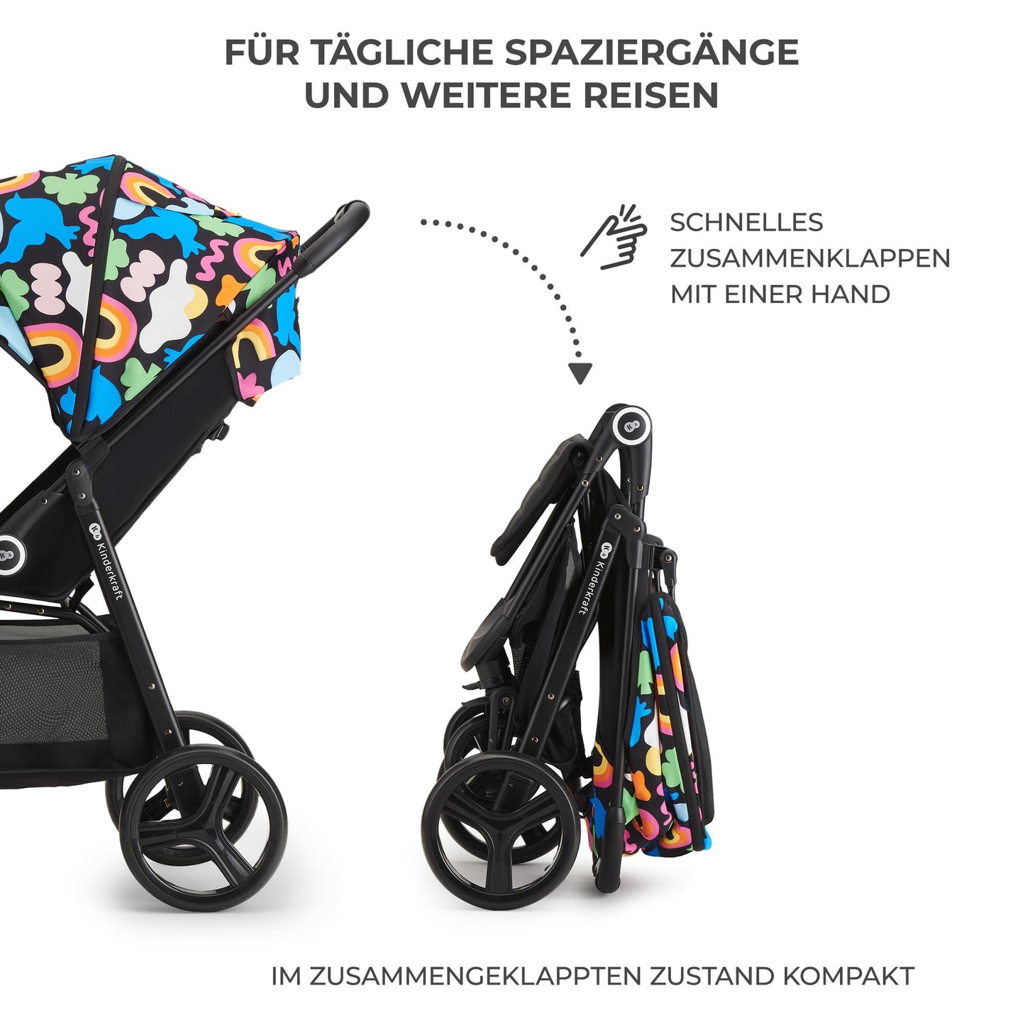 Kinderkraft GRANDE PLUS Kinderkraft buggy von Geburt bis 22 kg, Zusammenklappen mit einer Hand, Liegeposition, großes Verdeck mit Fenster, alle 4 Räder gedämpft, geräumige Sitz, Happy shapes
