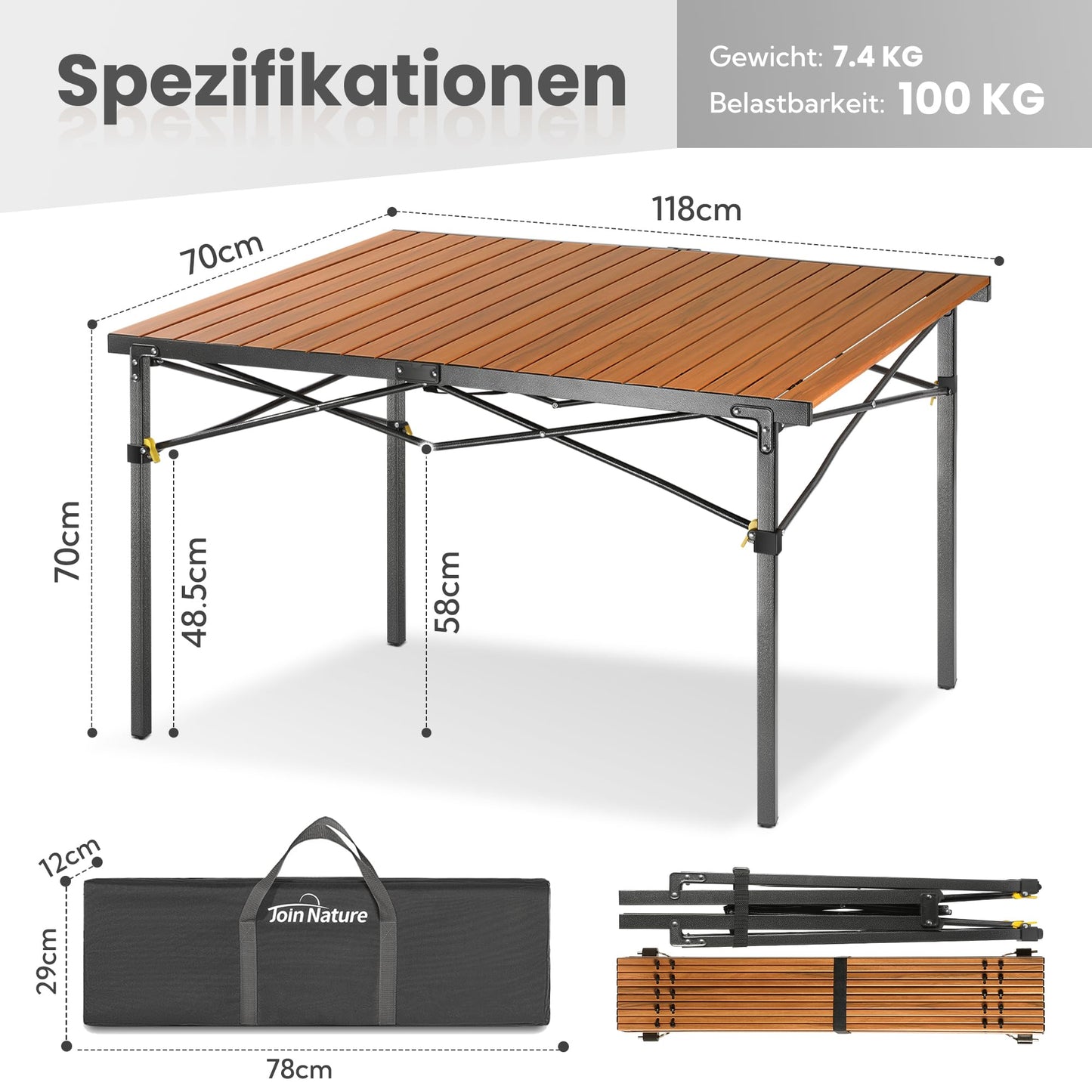 Nature Klappbar Camping Tisch 100KG für 6 Personen – 118x70CM