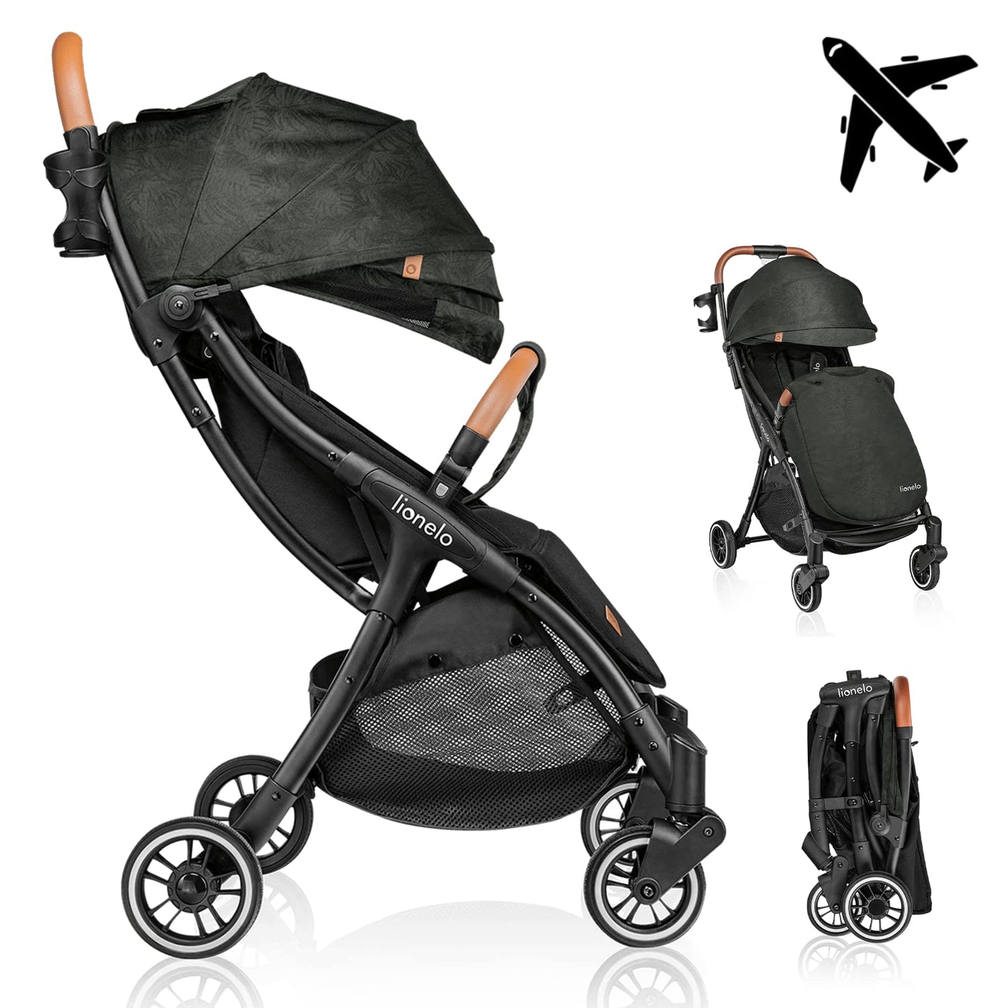 LIONELO Julie One Buggy Kinderwagen bis 22 kg, verstellbare Rückenlehne und Fußstütze, Moskitonetz, Beinwärmer, Getränkehalter und Transporttasche, zusammenklappbar TROPICAL GREEN
