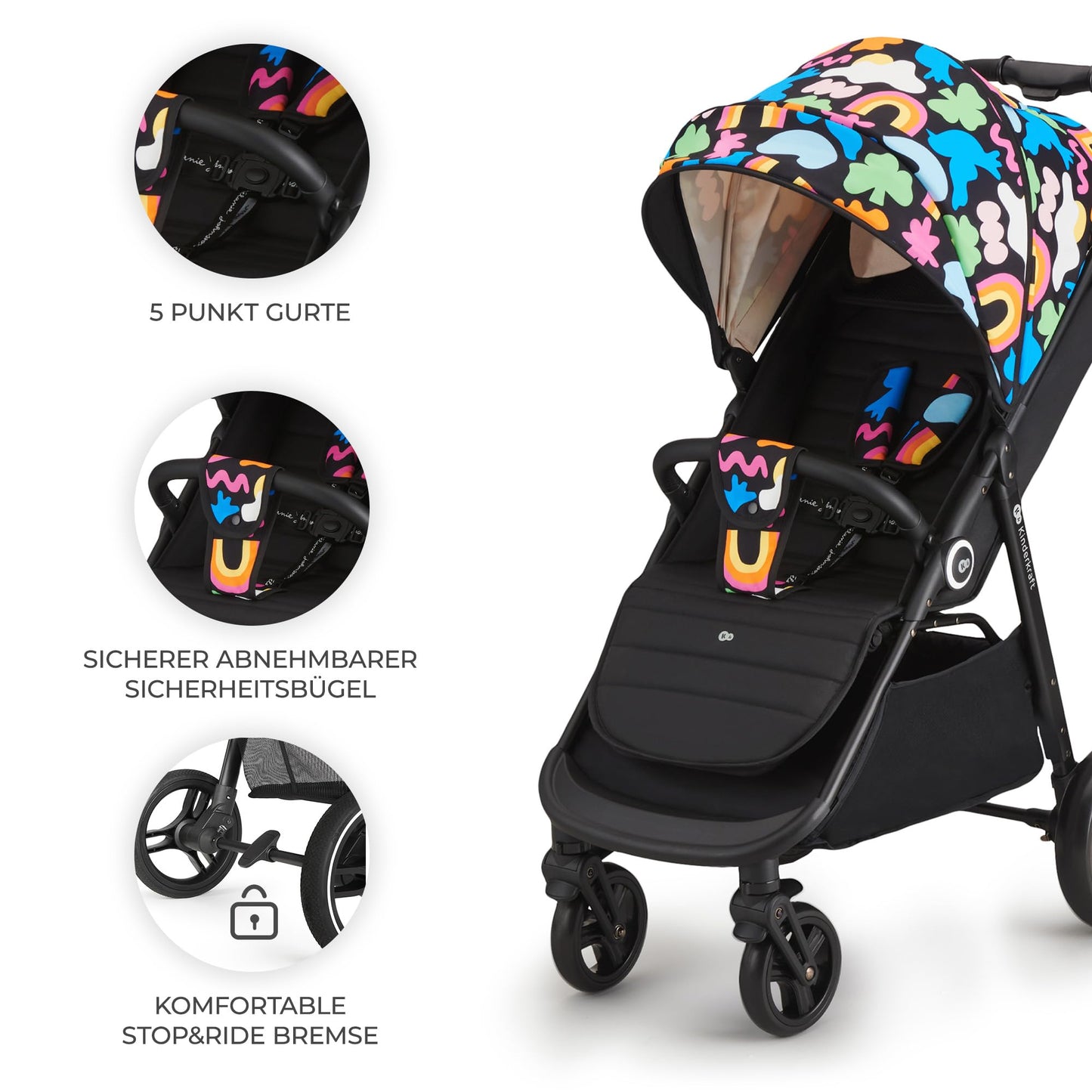 Kinderkraft GRANDE PLUS Kinderkraft buggy von Geburt bis 22 kg, Zusammenklappen mit einer Hand, Liegeposition, großes Verdeck mit Fenster, alle 4 Räder gedämpft, geräumige Sitz, Happy shapes