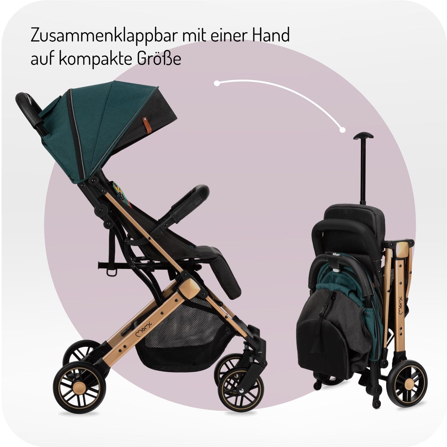 MoMi ESTELLE Kinderwagen ab 6. Monat (bis 15 kg), klappbarer Buggy mit 5-Punkt-Sicherheitsgurt, Einkaufskorb und Liegefunktion, Teleskop-Stange zum Ziehen, steht nach dem Zusammenklappen