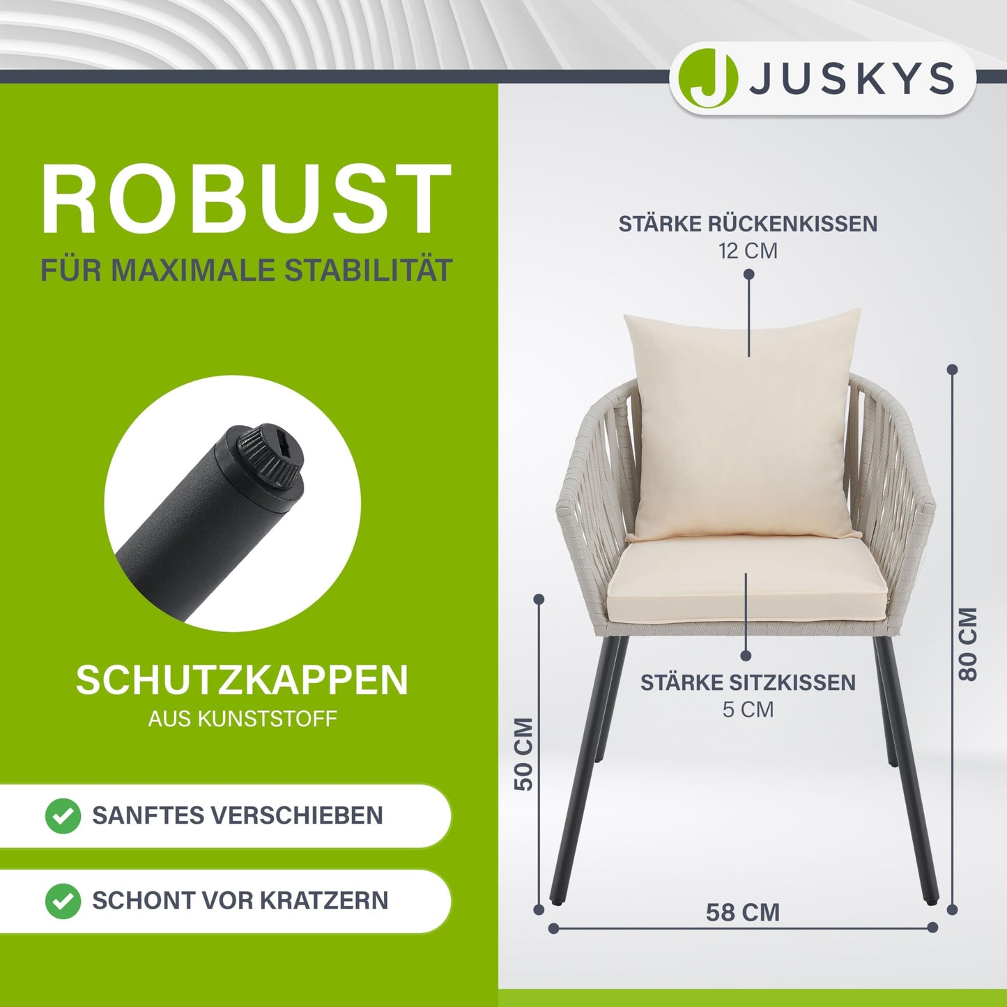 Juskys Rope Gartenstühle, 2er Set, wetterfest, bis 160 kg, Hellgrau.