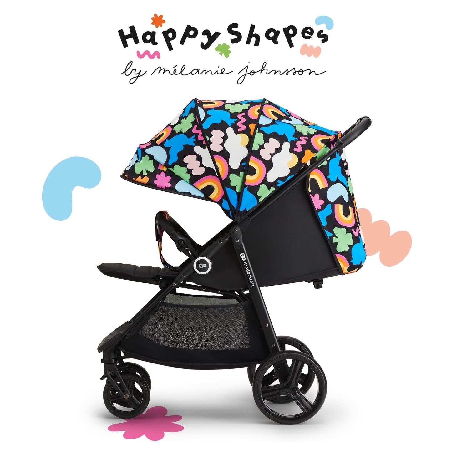 Kinderkraft GRANDE PLUS Kinderkraft buggy von Geburt bis 22 kg, Zusammenklappen mit einer Hand, Liegeposition, großes Verdeck mit Fenster, alle 4 Räder gedämpft, geräumige Sitz, Happy shapes