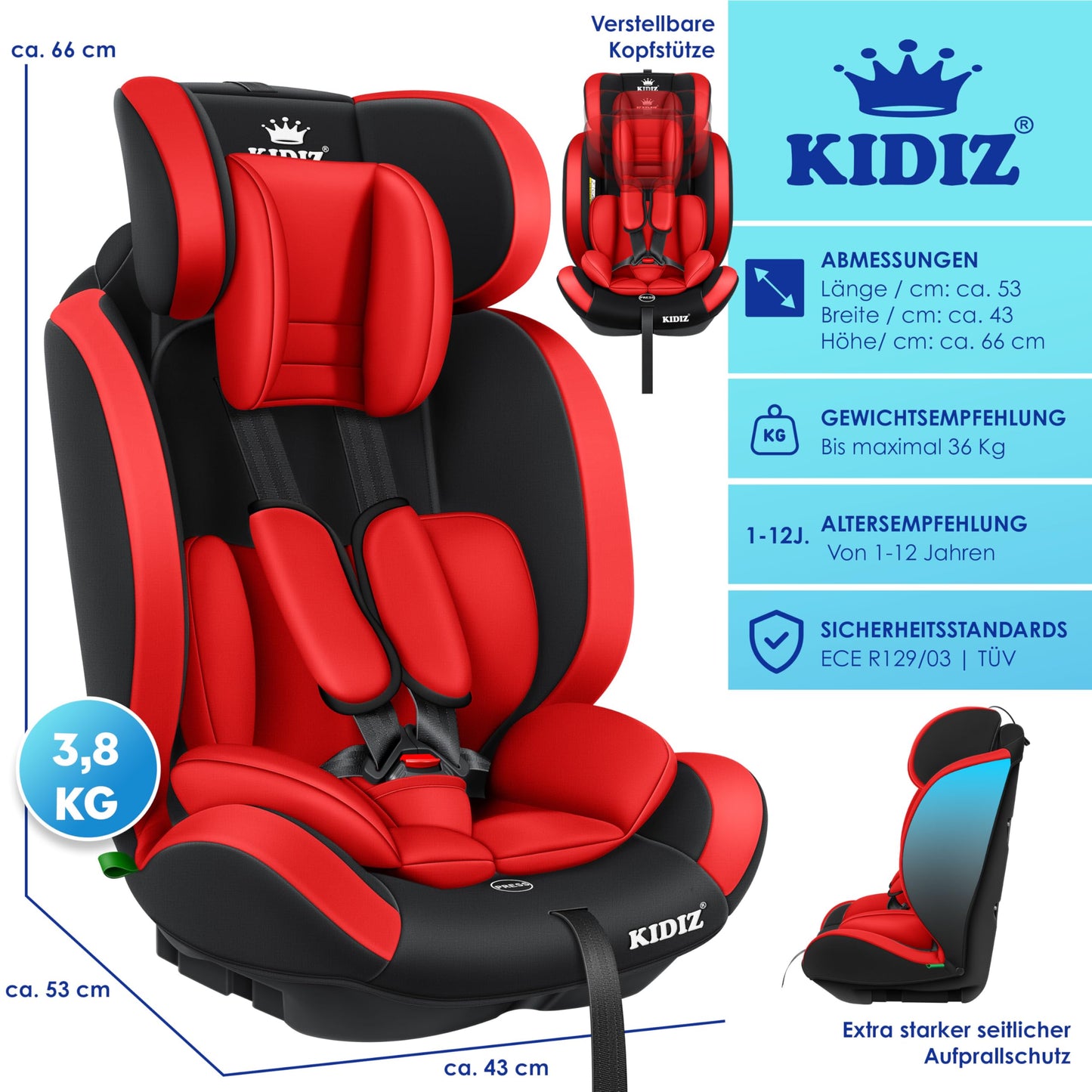 KIDIZ® Autokindersitz Kinderautositz Gruppe 1+2+3 9-36 kg 5-Punkt-Sicherheitsgurt, Autositz, Kindersitz, Einstellbare Kopfstütze, Mitwachsende Sitzerhöhung 1-12 Jahre, Stabil und Sicher