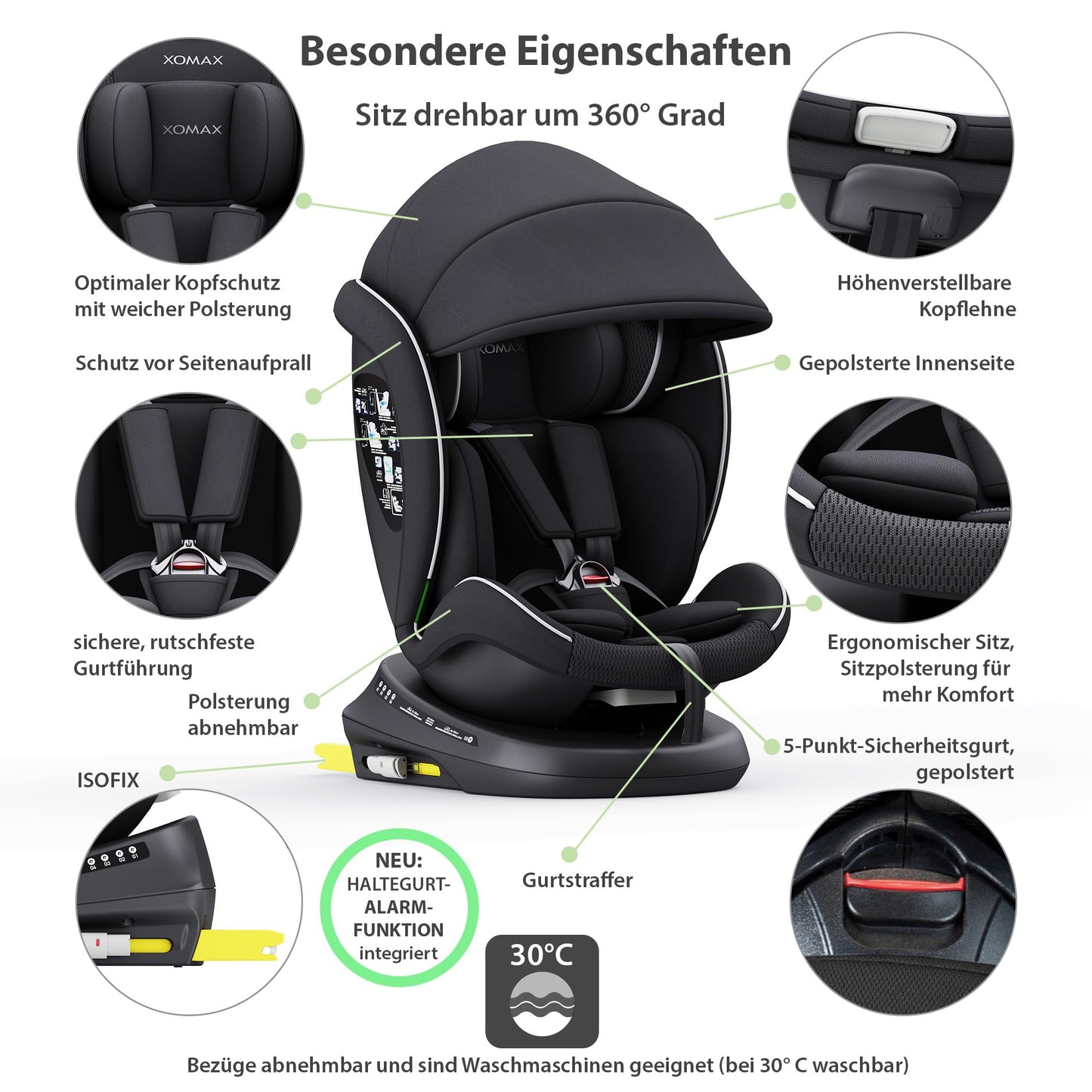 XOMAX 946i Kindersitz drehbar 360° mit ISOFIX, Liegefunktion I mitwachsend I 0-36 kg, 0-12 Jahre, Gruppe 0/1/2/3 I 5-Punkt-Gurt und 3-Punkt-Gurt I Bezug abnehmbar, waschbar I ECE R129