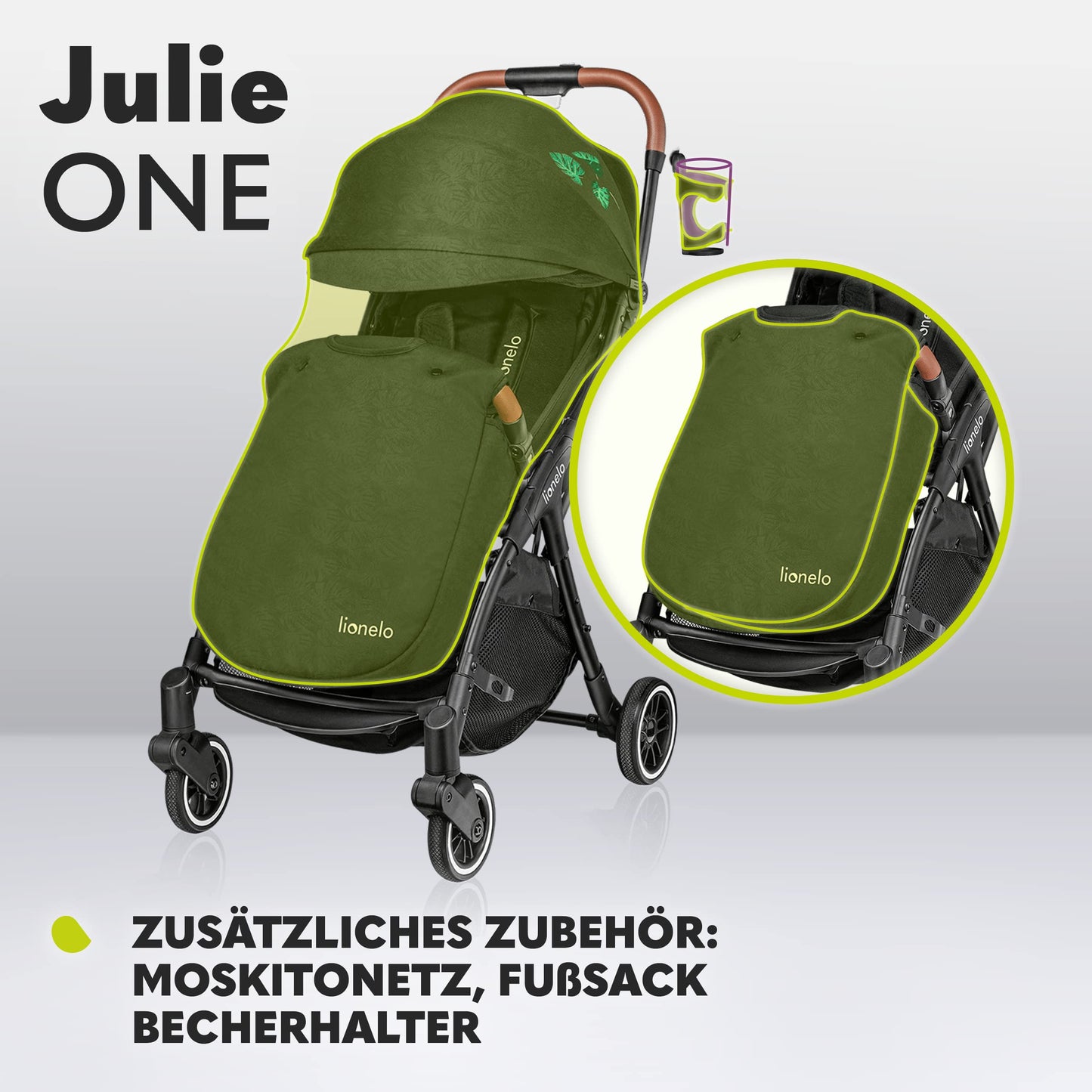 LIONELO Julie One Buggy Kinderwagen bis 22 kg, verstellbare Rückenlehne und Fußstütze, Moskitonetz, Beinwärmer, Getränkehalter und Transporttasche, zusammenklappbar TROPICAL GREEN
