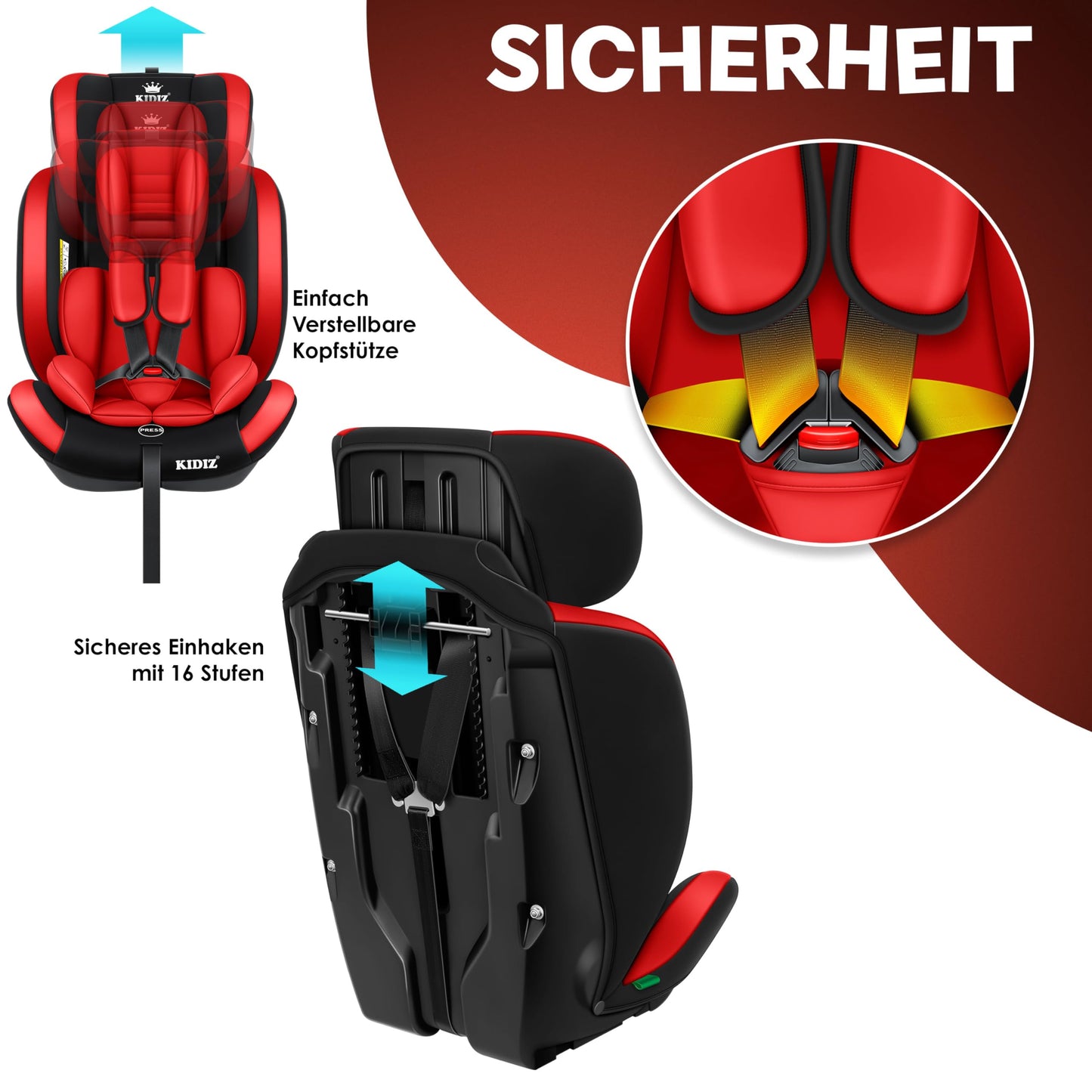 KIDIZ® Autokindersitz Kinderautositz Gruppe 1+2+3 9-36 kg 5-Punkt-Sicherheitsgurt, Autositz, Kindersitz, Einstellbare Kopfstütze, Mitwachsende Sitzerhöhung 1-12 Jahre, Stabil und Sicher