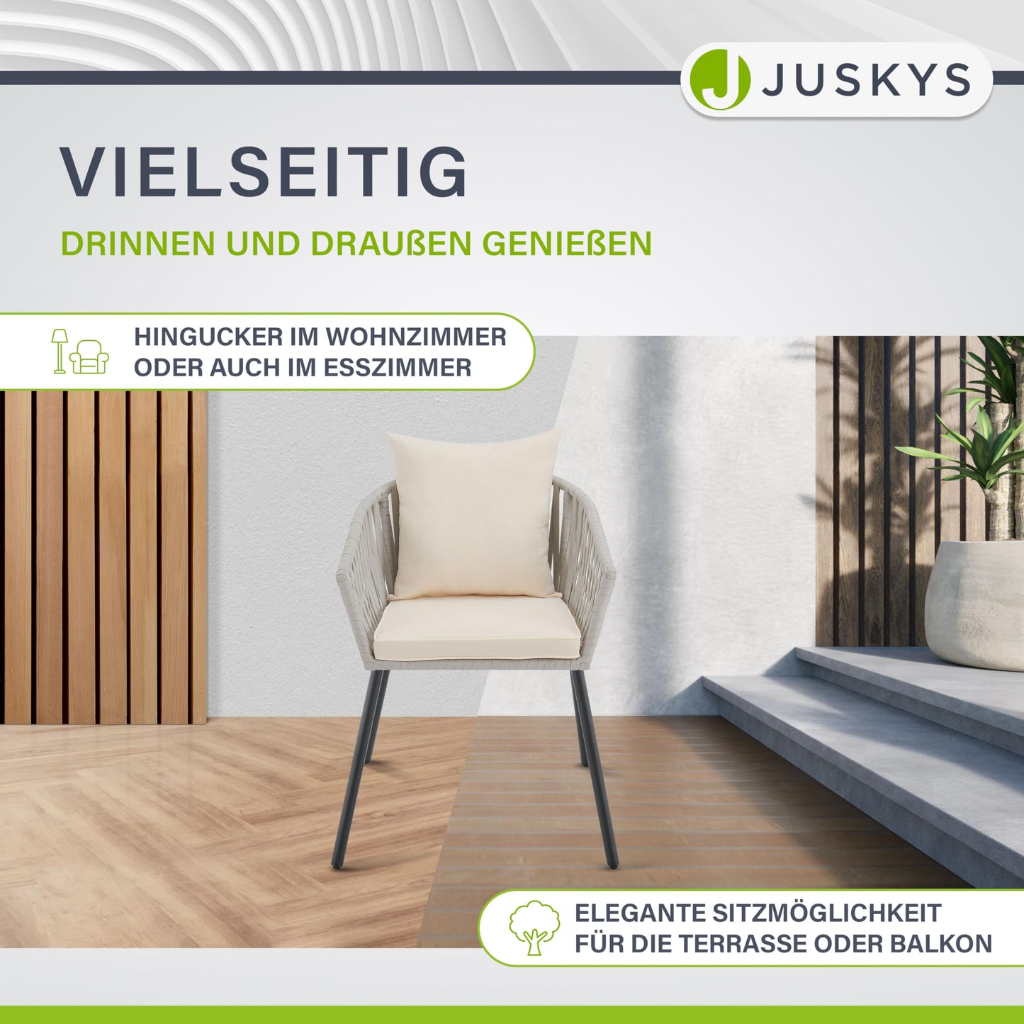 Juskys Rope Gartenstühle, 2er Set, wetterfest, bis 160 kg, Hellgrau.