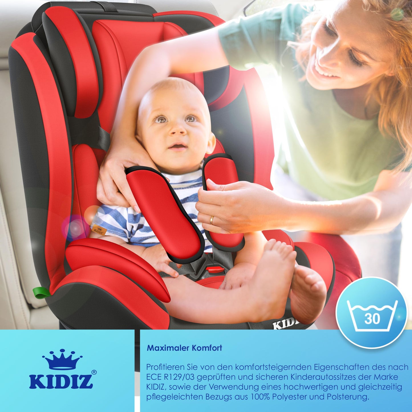 KIDIZ® Autokindersitz Kinderautositz Gruppe 1+2+3 9-36 kg 5-Punkt-Sicherheitsgurt, Autositz, Kindersitz, Einstellbare Kopfstütze, Mitwachsende Sitzerhöhung 1-12 Jahre, Stabil und Sicher