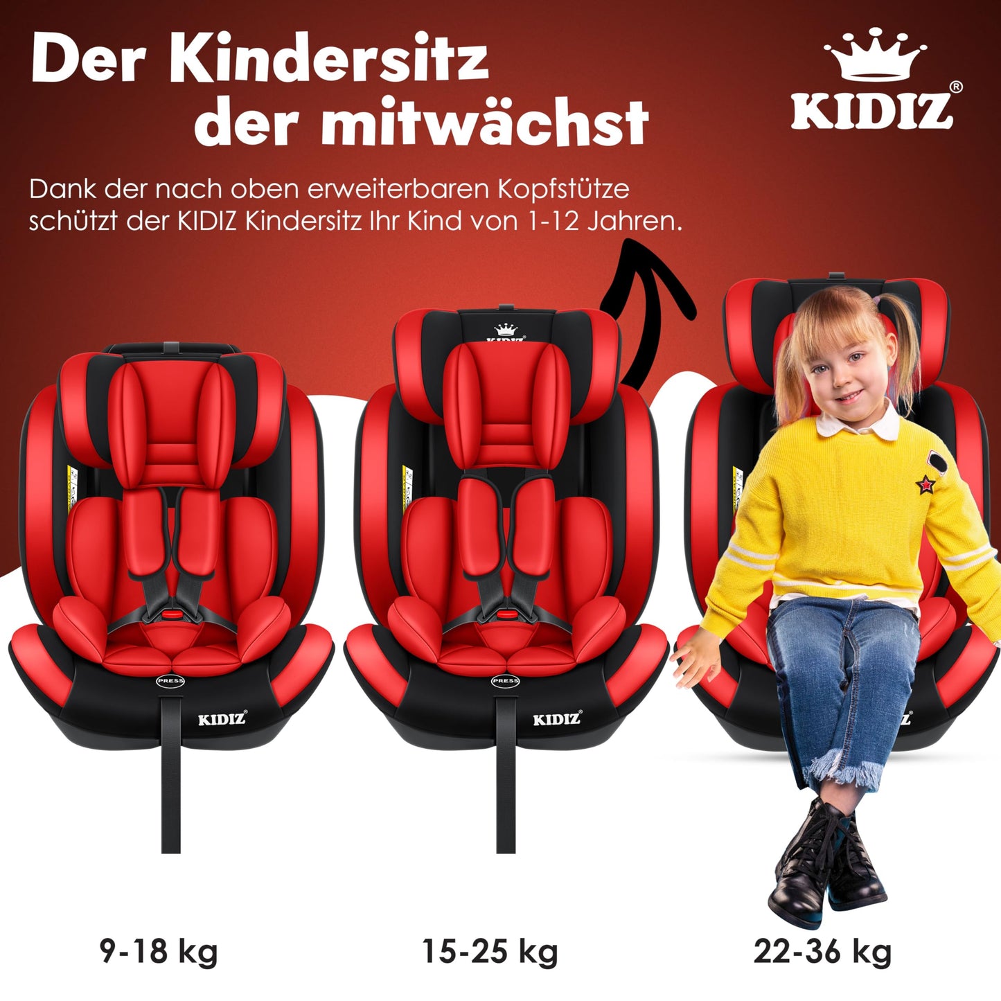 KIDIZ® Autokindersitz Kinderautositz Gruppe 1+2+3 9-36 kg 5-Punkt-Sicherheitsgurt, Autositz, Kindersitz, Einstellbare Kopfstütze, Mitwachsende Sitzerhöhung 1-12 Jahre, Stabil und Sicher