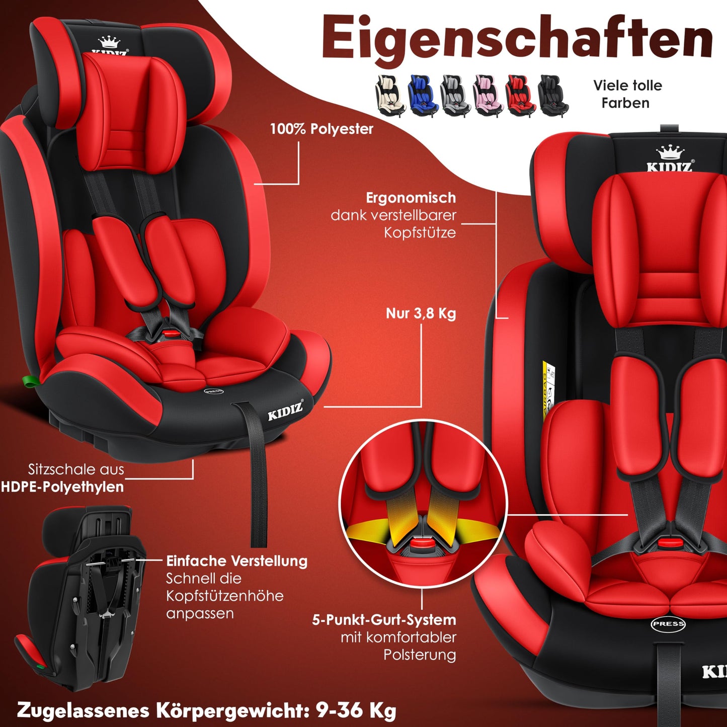 KIDIZ® Autokindersitz Kinderautositz Gruppe 1+2+3 9-36 kg 5-Punkt-Sicherheitsgurt, Autositz, Kindersitz, Einstellbare Kopfstütze, Mitwachsende Sitzerhöhung 1-12 Jahre, Stabil und Sicher