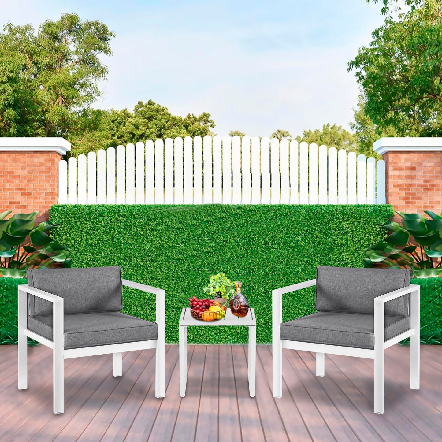 YIYAN 3-teiliges Rattan-Bistro-Set, für 2 Personen, mit Kaffeetisch, Weiß.