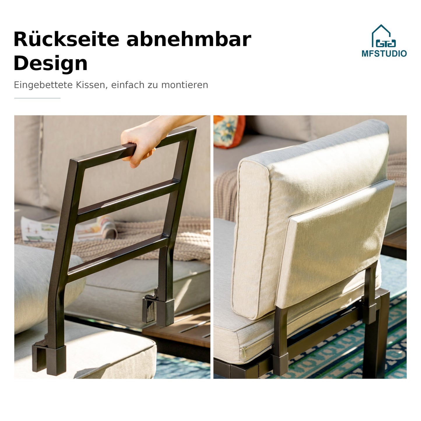 MFSTUDIO Gartenmöbel Set, Lounge mit Couchtisch und abnehmbarem Kissen.