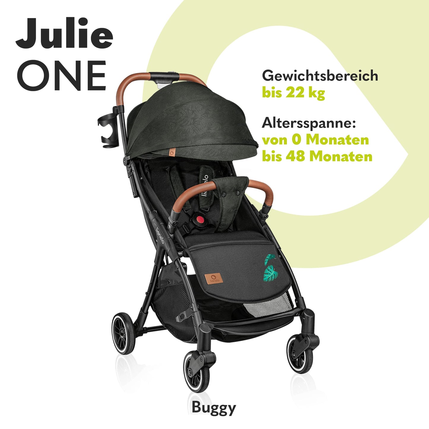 LIONELO Julie One Buggy Kinderwagen bis 22 kg, verstellbare Rückenlehne und Fußstütze, Moskitonetz, Beinwärmer, Getränkehalter und Transporttasche, zusammenklappbar TROPICAL GREEN