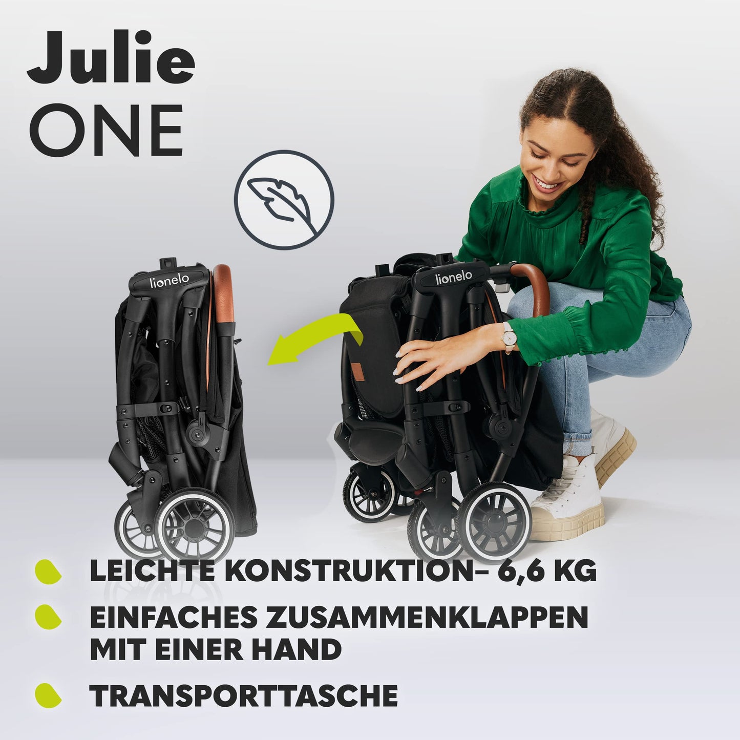 LIONELO Julie One Buggy Kinderwagen bis 22 kg, verstellbare Rückenlehne und Fußstütze, Moskitonetz, Beinwärmer, Getränkehalter und Transporttasche, zusammenklappbar TROPICAL GREEN