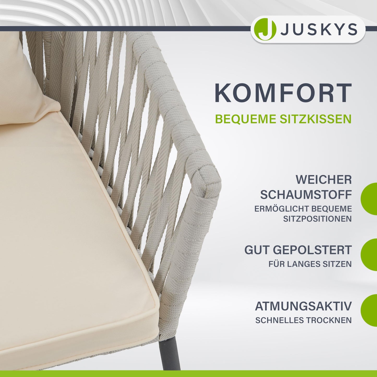 Juskys Rope Gartenstühle, 2er Set, wetterfest, bis 160 kg, Hellgrau.