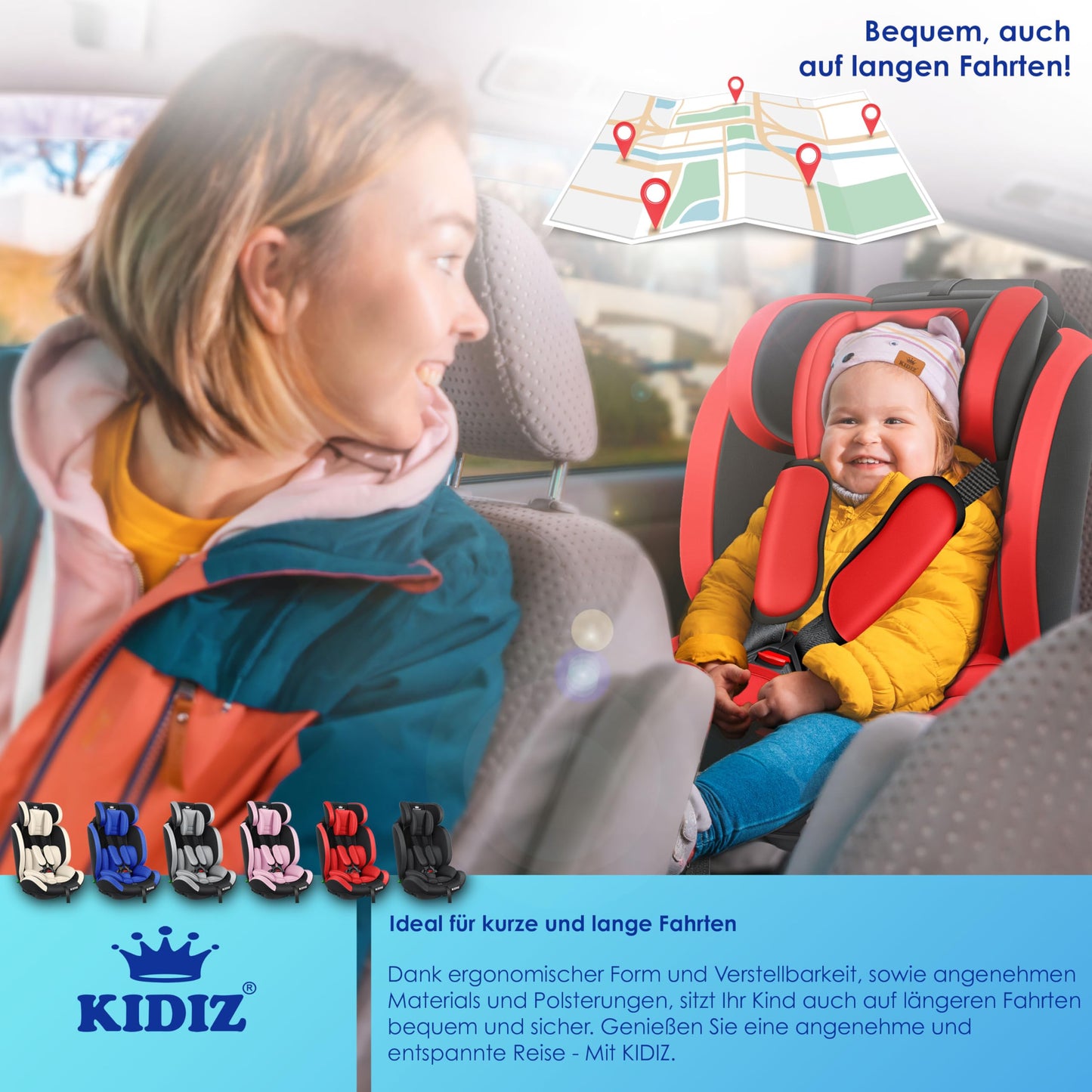 KIDIZ® Autokindersitz Kinderautositz Gruppe 1+2+3 9-36 kg 5-Punkt-Sicherheitsgurt, Autositz, Kindersitz, Einstellbare Kopfstütze, Mitwachsende Sitzerhöhung 1-12 Jahre, Stabil und Sicher