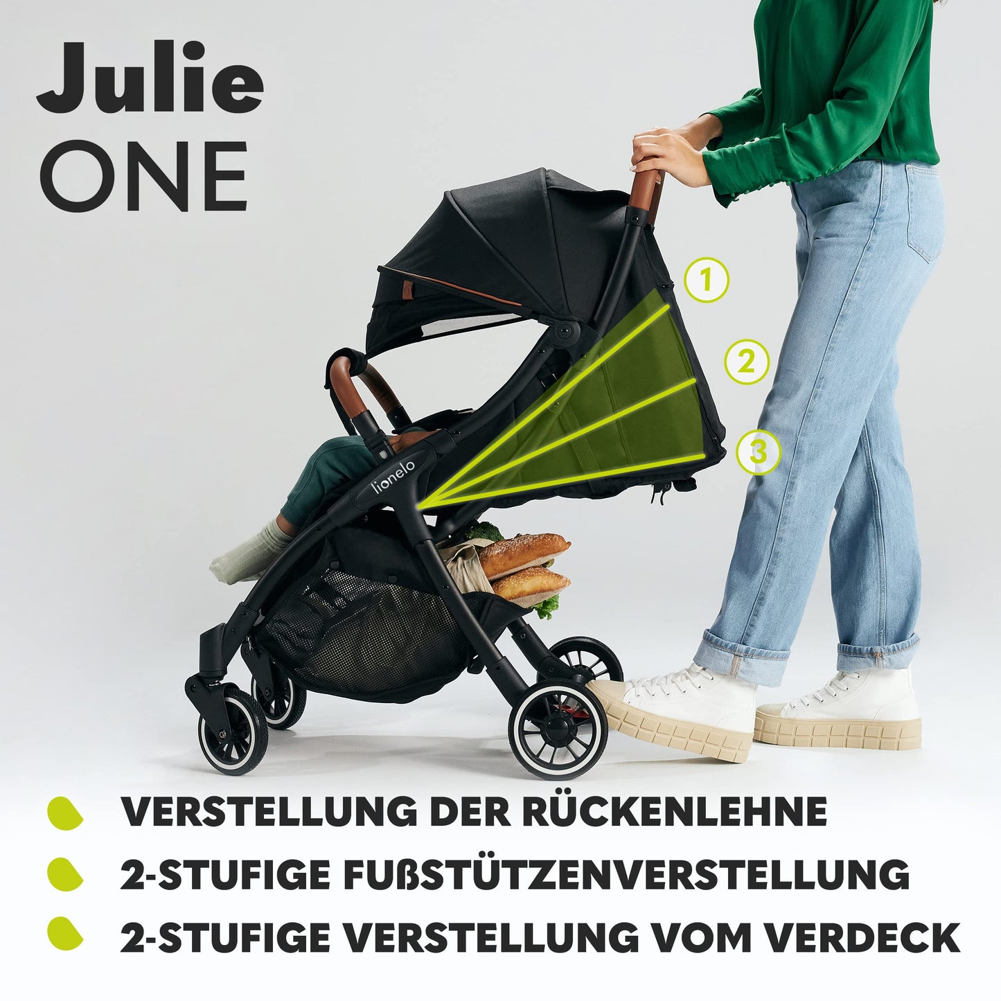 LIONELO Julie One Buggy Kinderwagen bis 22 kg, verstellbare Rückenlehne und Fußstütze, Moskitonetz, Beinwärmer, Getränkehalter und Transporttasche, zusammenklappbar TROPICAL GREEN