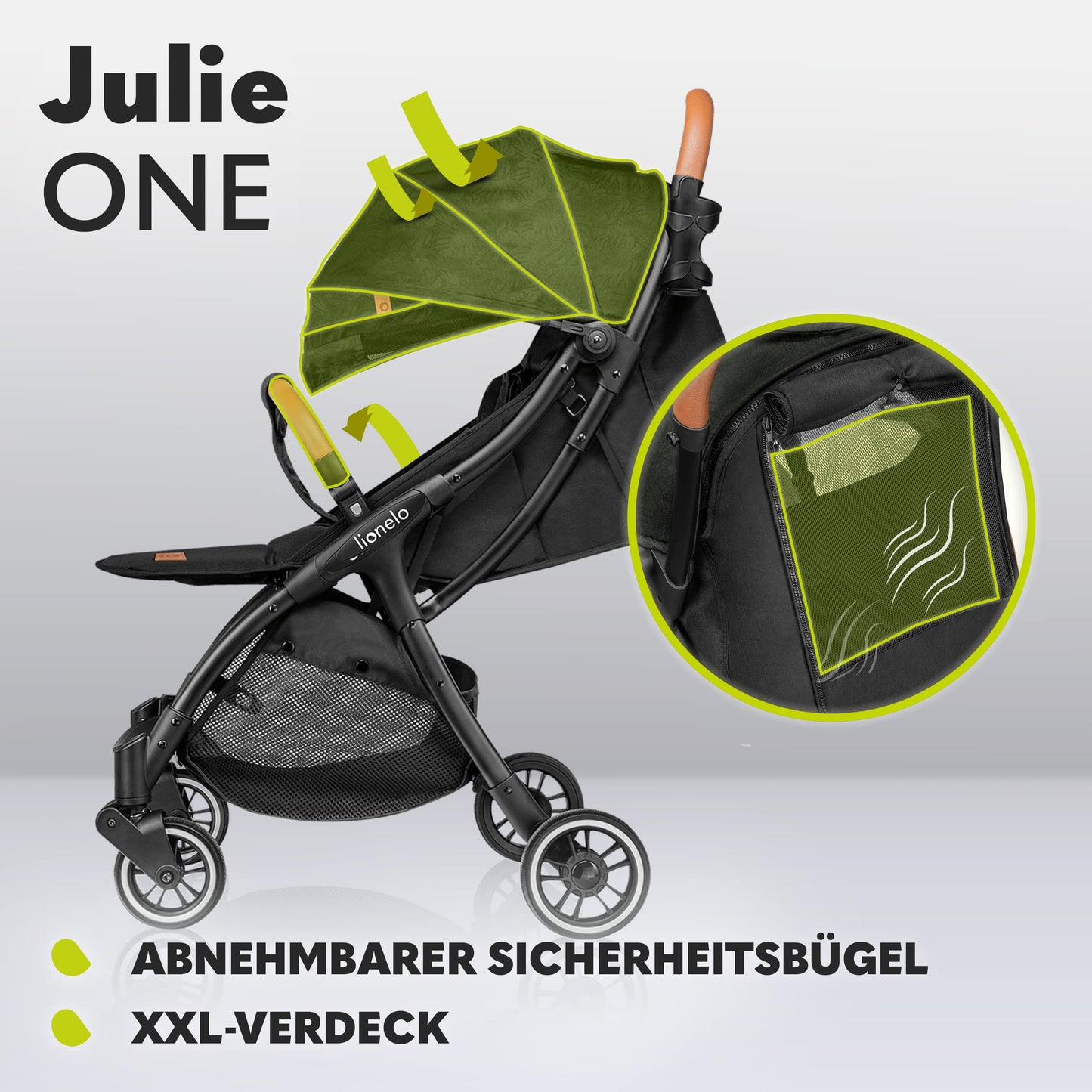 LIONELO Julie One Buggy Kinderwagen bis 22 kg, verstellbare Rückenlehne und Fußstütze, Moskitonetz, Beinwärmer, Getränkehalter und Transporttasche, zusammenklappbar TROPICAL GREEN