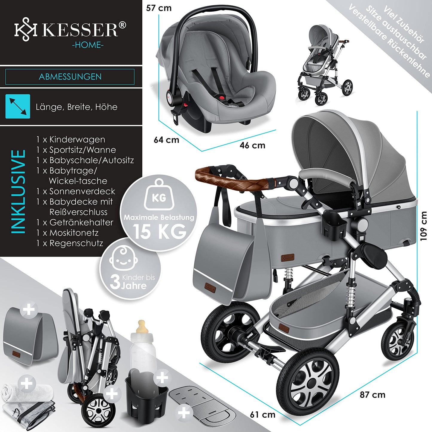 KESSER® Loops 3 in 1 Kinderwagen Kombikinderwagen Komplett-Set