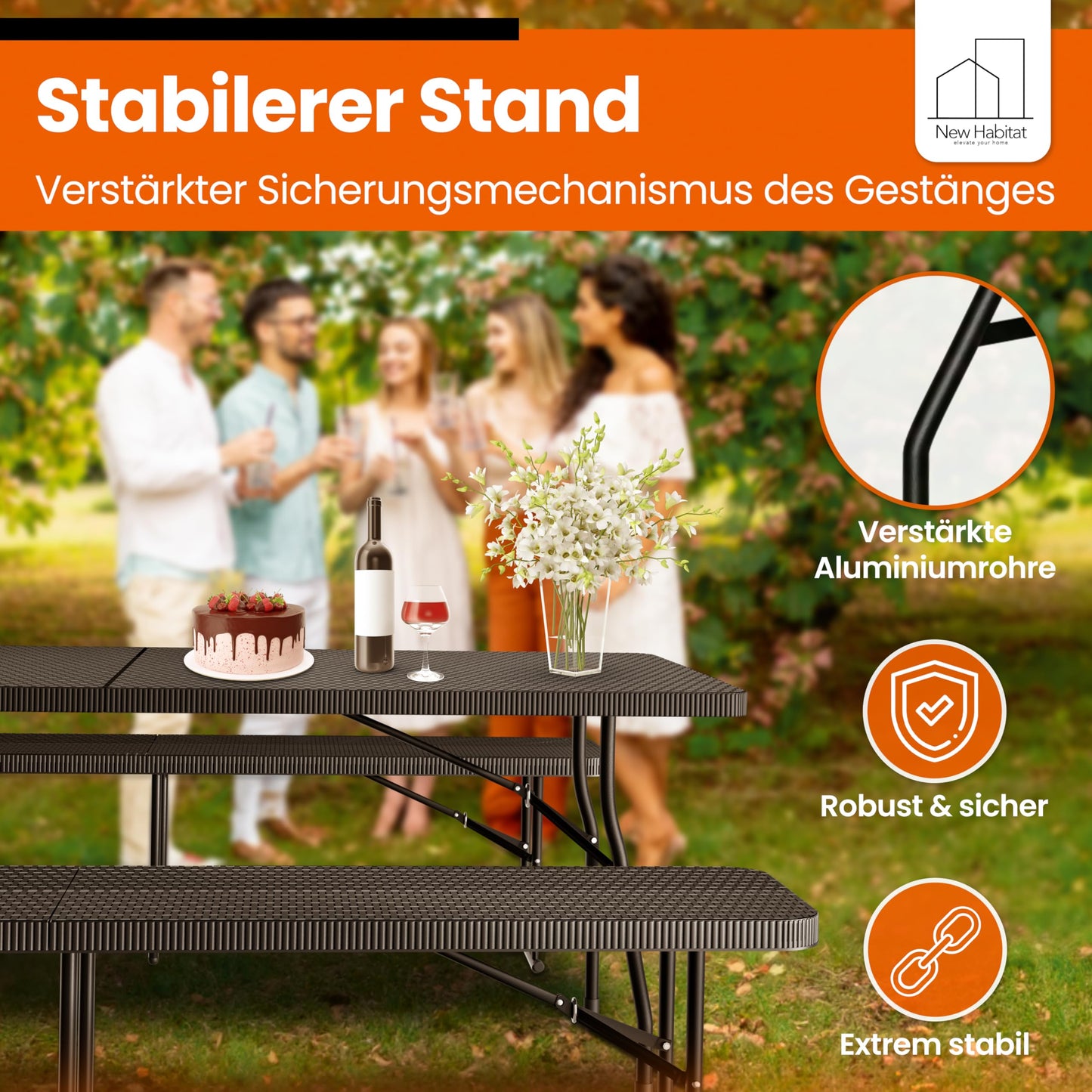 NewHabitat I Kunststoff Bierzeltgarnitur Klappbar I 3er Set, Tisch + 2 x Bank mit Tragegriffe, Biertischgarnitur, Festzeltgarnitur, Bierbank klappbar, HxBxT: 75x180x75 cm (Schwarz)